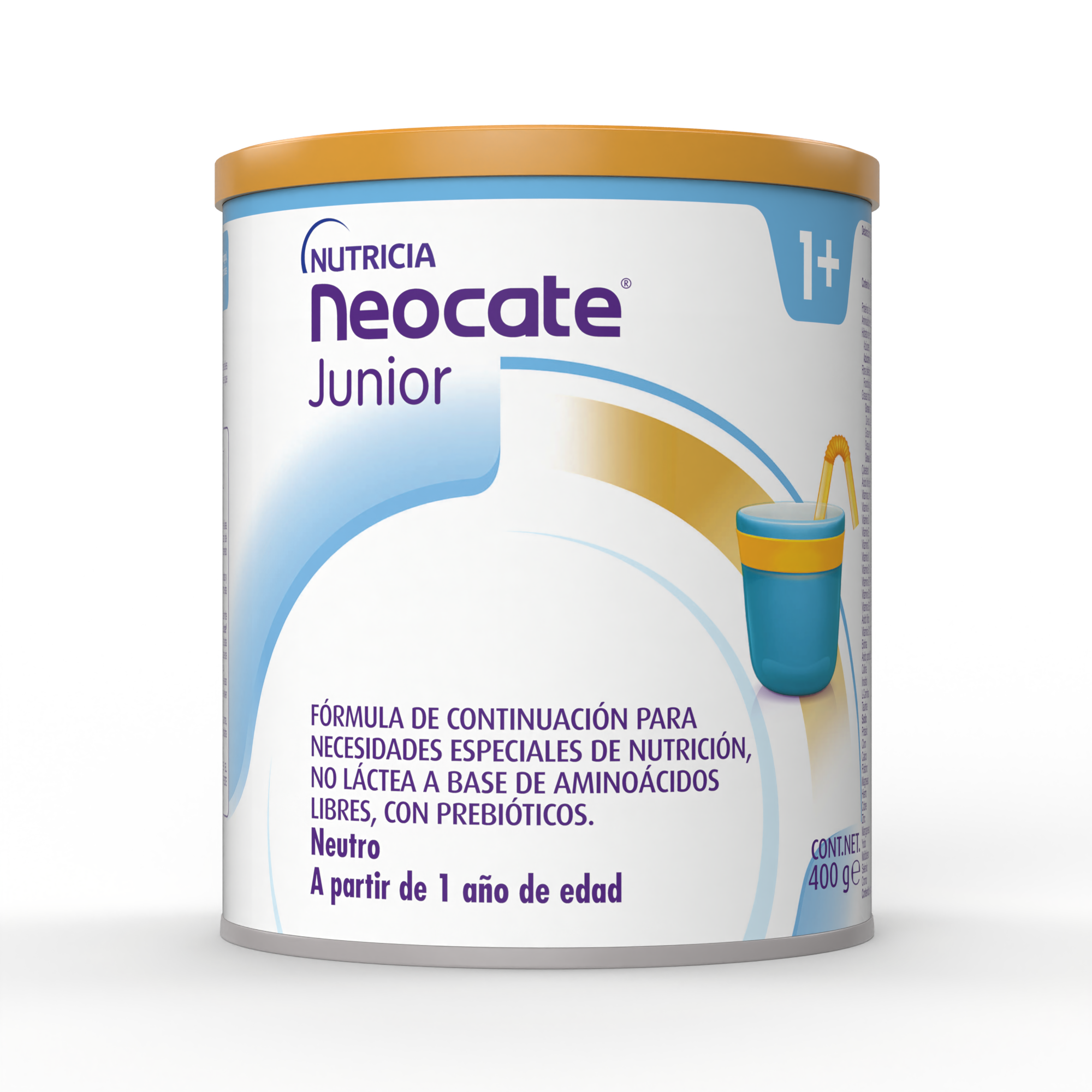 Neocate Junior (con prebióticos) Fórmula para necesidades especiales de nutrición, no láctea a base de aminoácidos libres. Diseñada para niños mayores de 1 año, lata de 400g. 