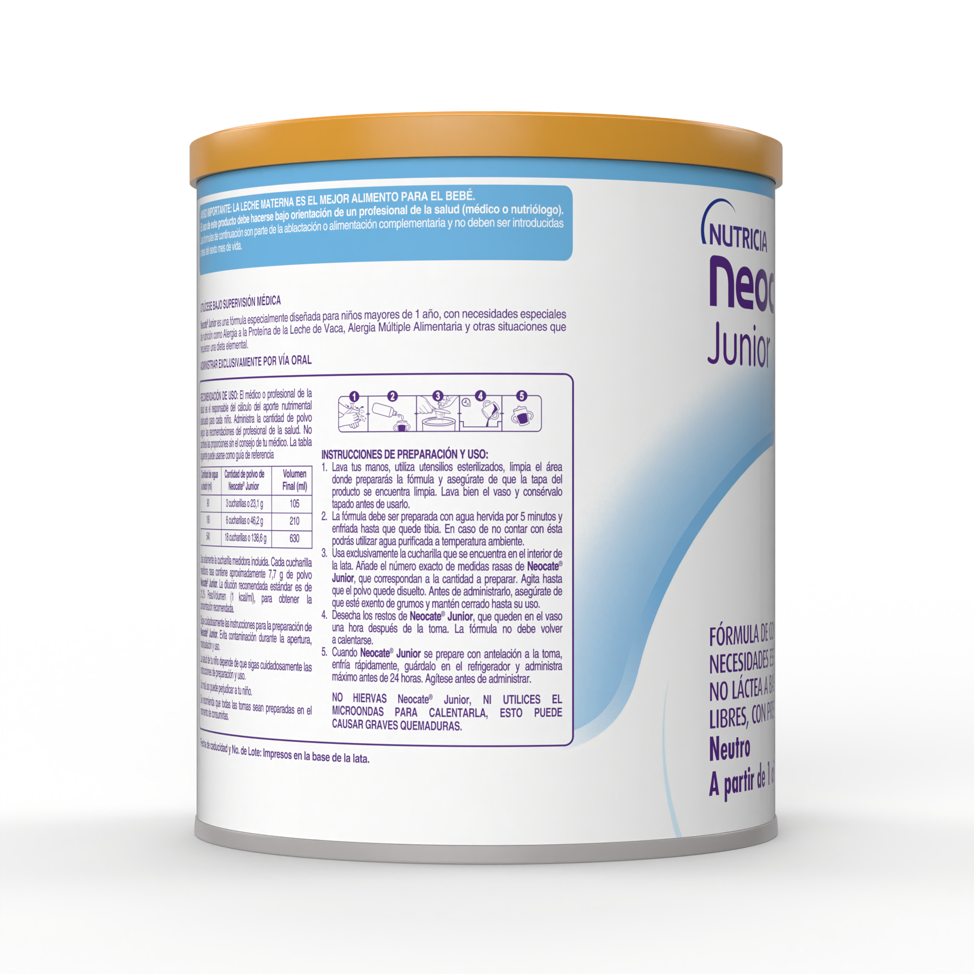 Neocate Junior (con prebióticos) Fórmula para necesidades especiales de nutrición, no láctea a base de aminoácidos libres. Diseñada para niños mayores de 1 año, lata de 400g. lado derecho