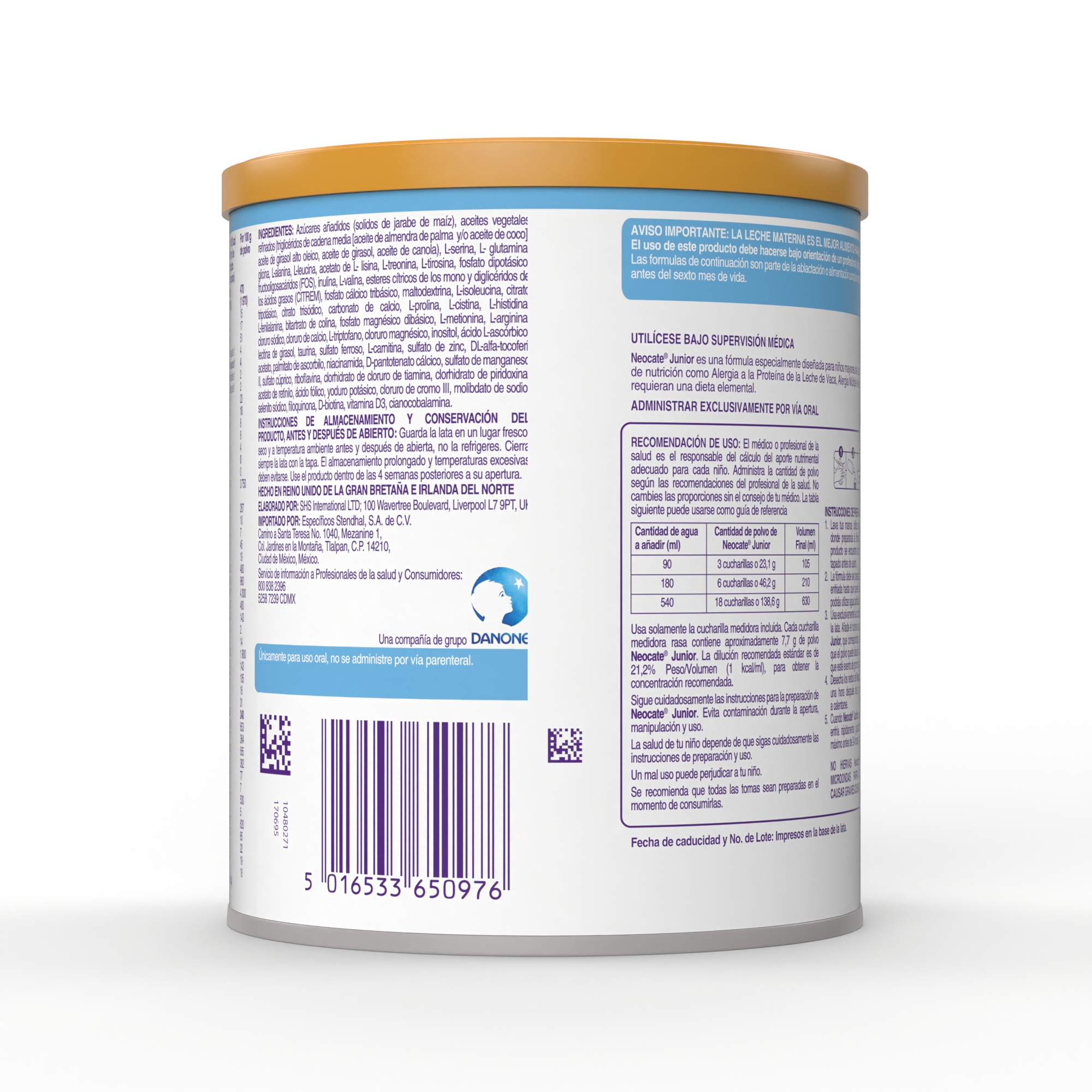 Neocate Junior (con prebióticos) Fórmula para necesidades especiales de nutrición, no láctea a base de aminoácidos libres. Diseñada para niños mayores de 1 año, lata de 400g. Packshot atras.