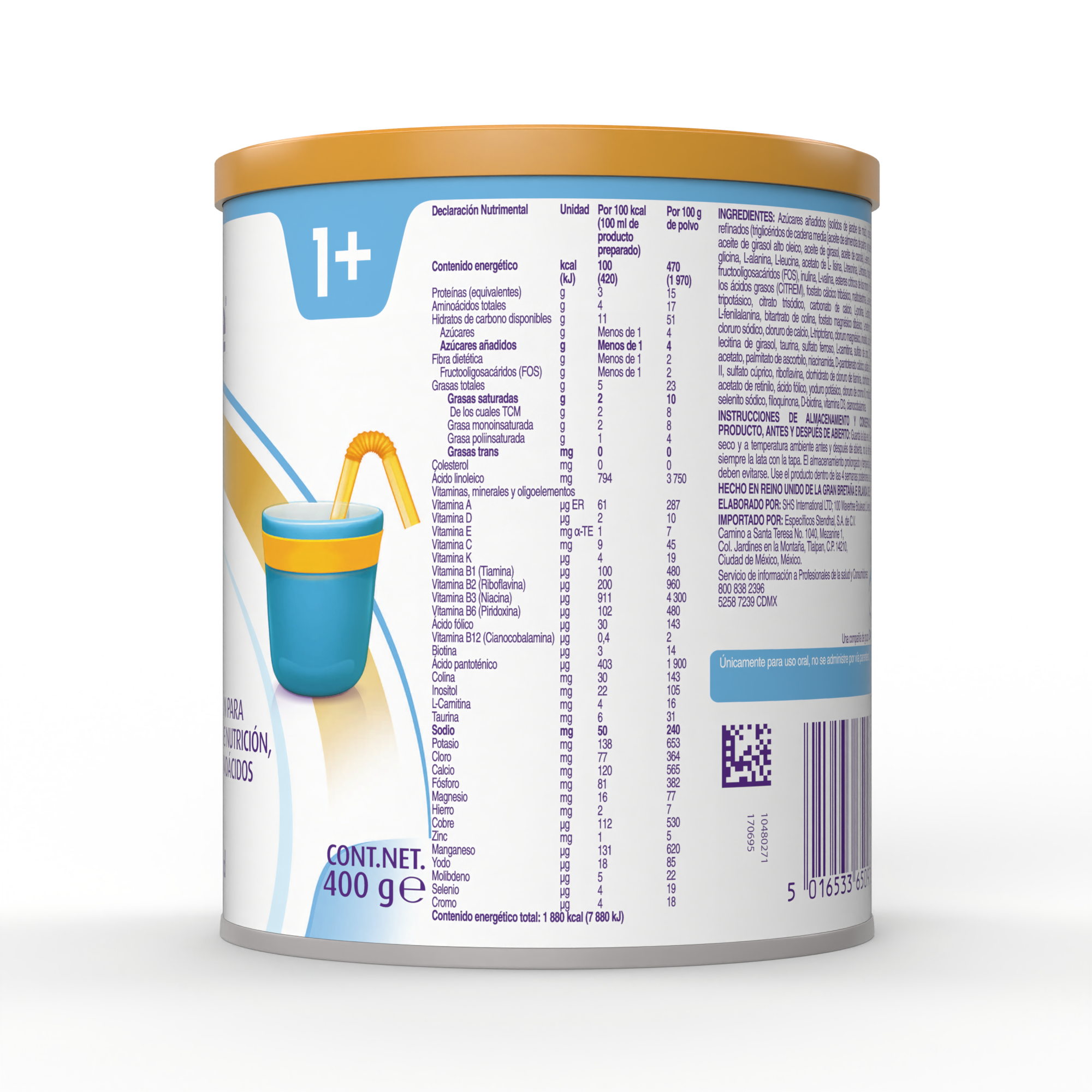 Neocate Junior (con prebióticos) Fórmula para necesidades especiales de nutrición, no láctea a base de aminoácidos libres. Diseñada para niños mayores de 1 año, lata de 400g.  lado izquierda