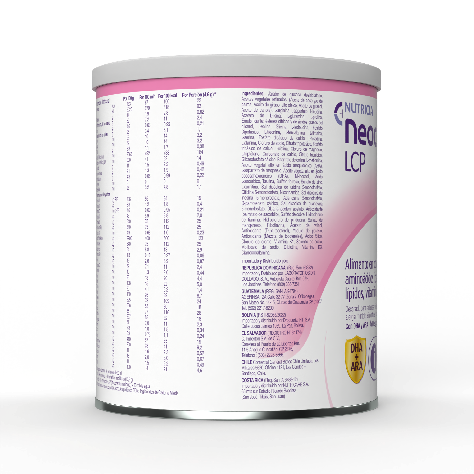 Neocate LCP Fórmula a base de aminoácidos libres (FAA) con DHA y ARA, para lactantes y niños con alergia a la proteína de la leche de vaca, alergia múltiple alimentaria y situaciones que requieran una dieta elemental, fórmula de 0 a 12 meses, lata de 400g costado derecho