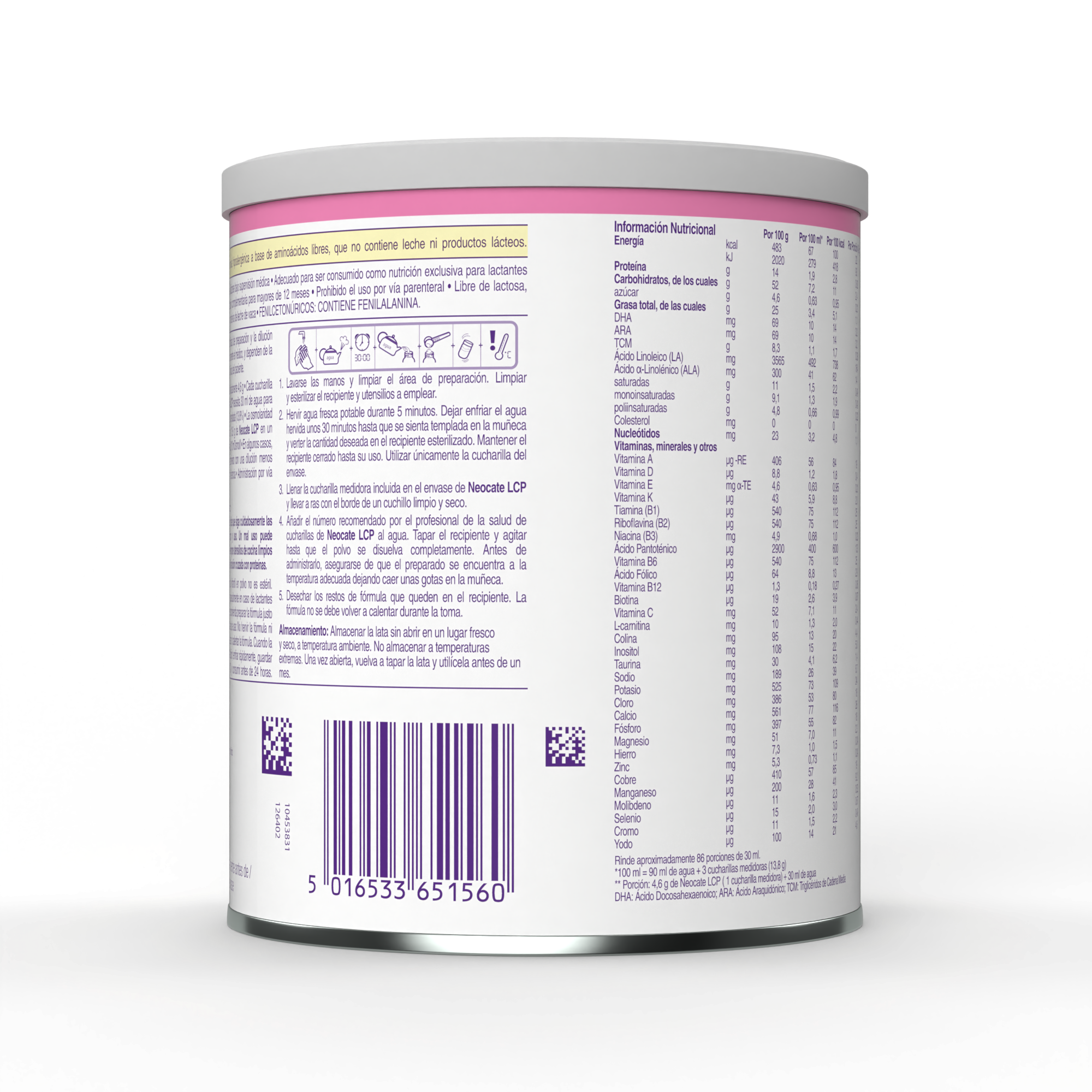 Neocate LCP Fórmula a base de aminoácidos libres (FAA) con DHA y ARA, para lactantes y niños con alergia a la proteína de la leche de vaca, alergia múltiple alimentaria y situaciones que requieran una dieta elemental, fórmula de 0 a 12 meses, lata de 400g. Packshot atras.
