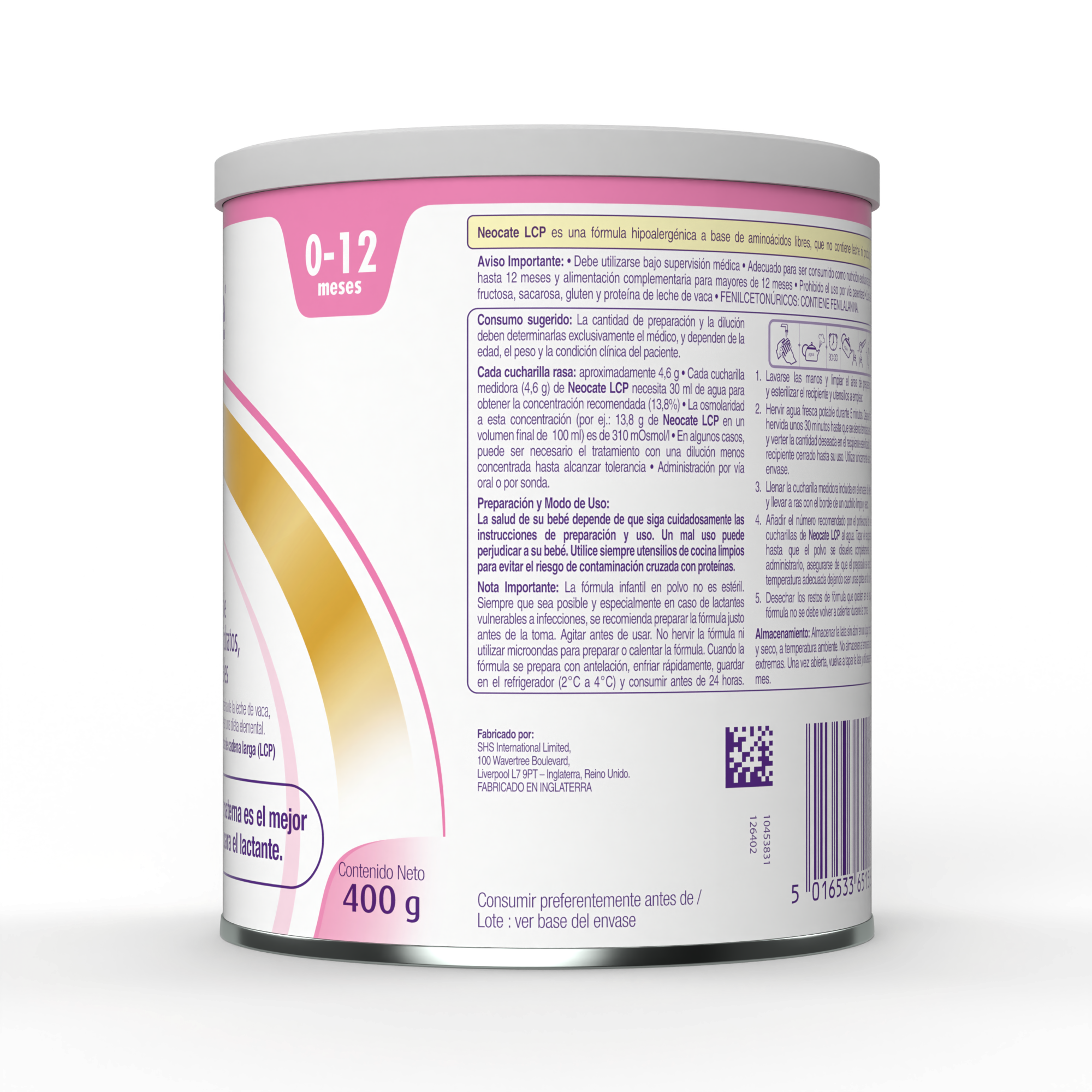 Neocate LCP Fórmula a base de aminoácidos libres (FAA) con DHA y ARA, para lactantes y niños con alergia a la proteína de la leche de vaca, alergia múltiple alimentaria y situaciones que requieran una dieta elemental, fórmula de 0 a 12 meses, lata de 400g costado izquierdo