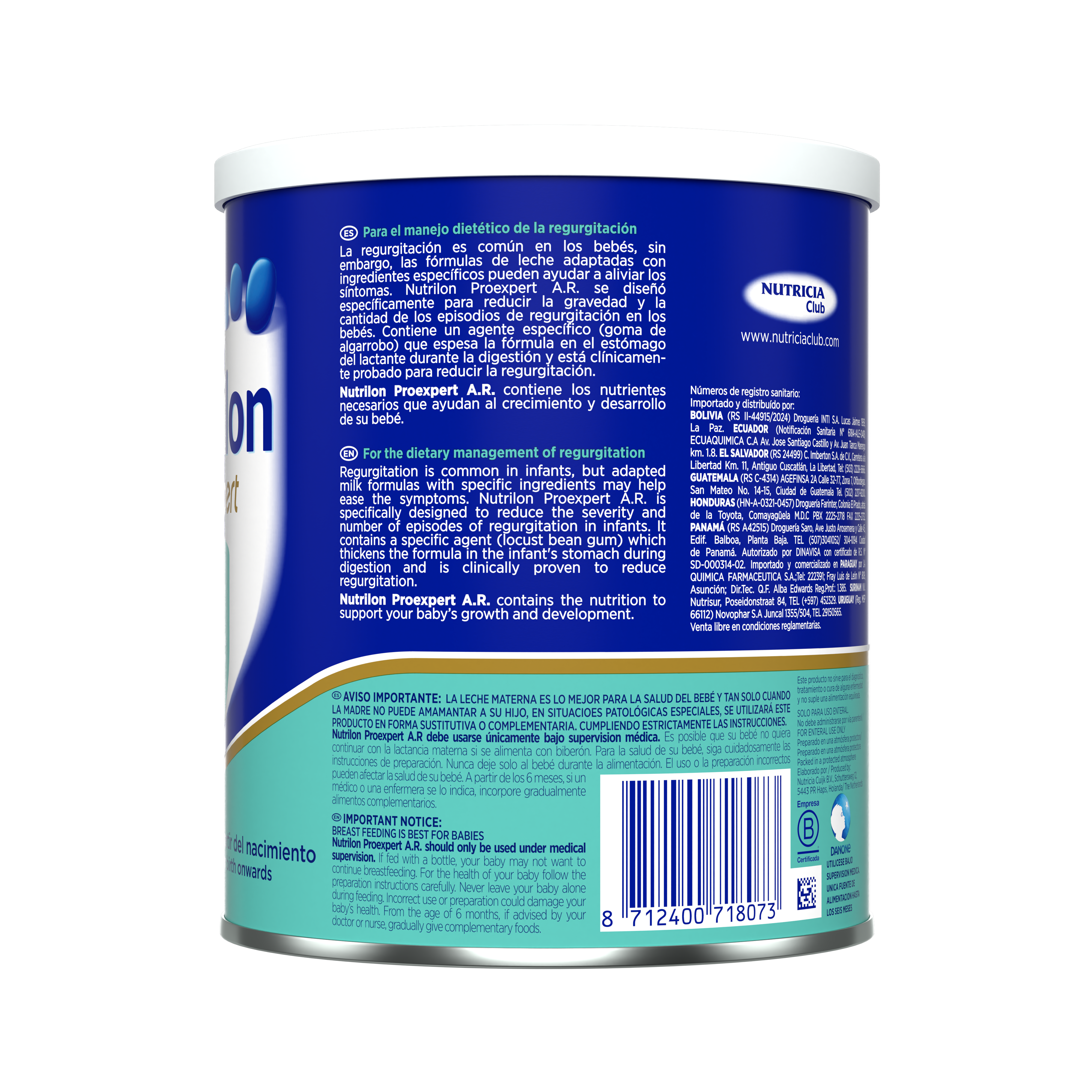 Nutrilon Proexpert AR fórmula antireflujo envase azul turquesa 400g a partir del nacimiento costado izquierdo - Nutricia Ecuador