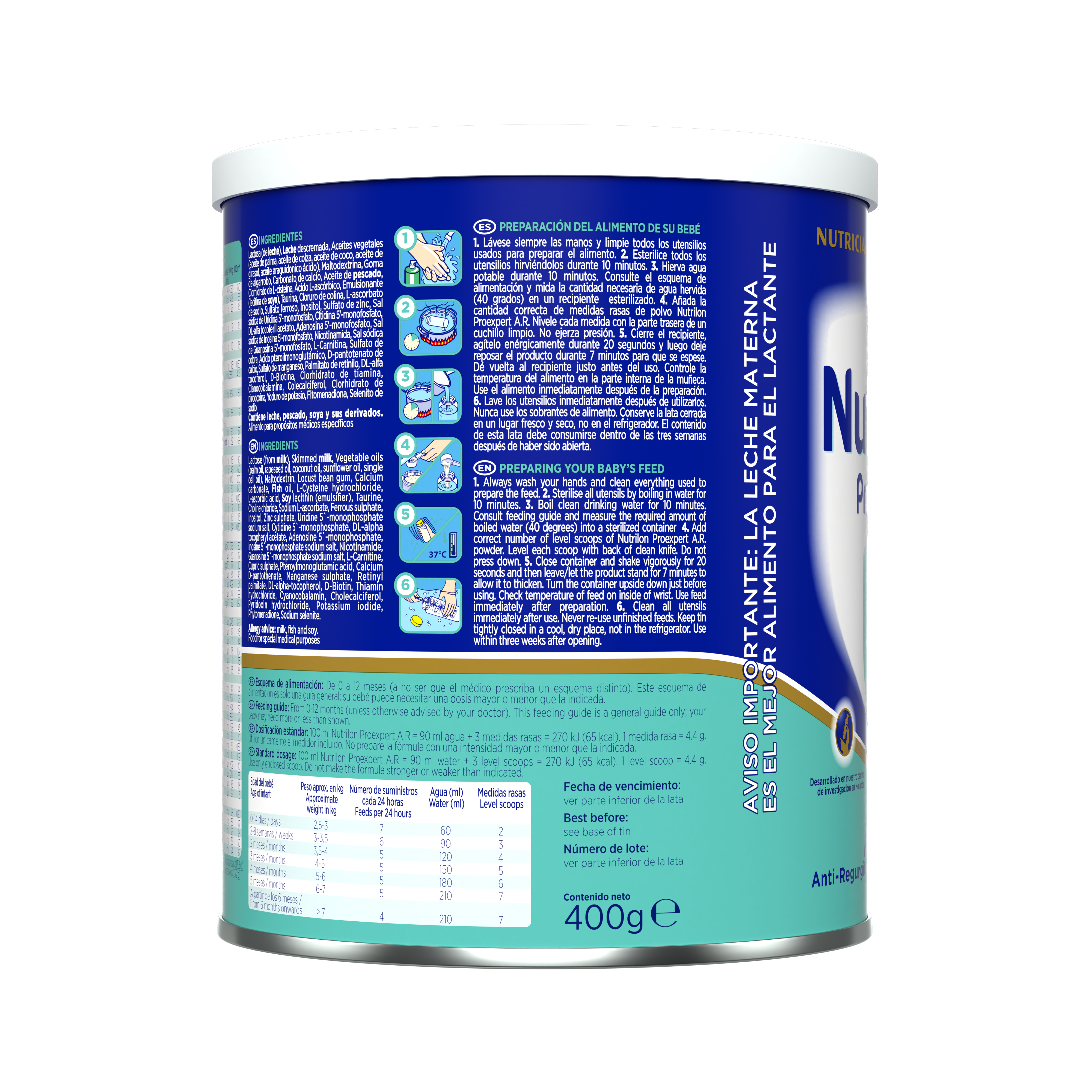 Nutrilon Proexpert AR fórmula antiregurgitación envase azul turquesa 400g recién nacido costado derecho - Nutricia Ecuador