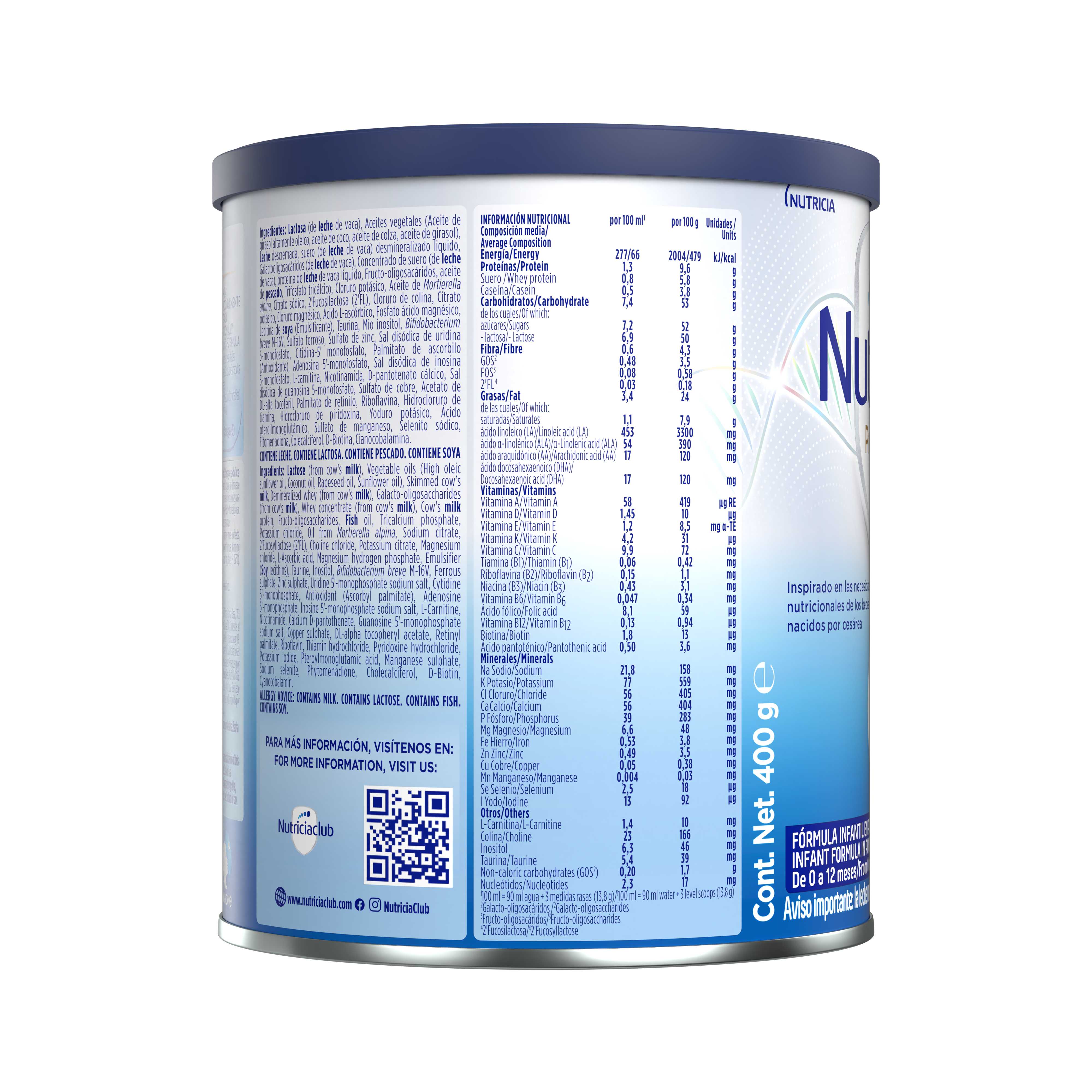 Nutrilon Premium + C-Biotik fórmula para bebés nacidos por cesárea envase azul plateado lata de 400g a partir del nacimiento costado derecho - Nutricia Ecuador