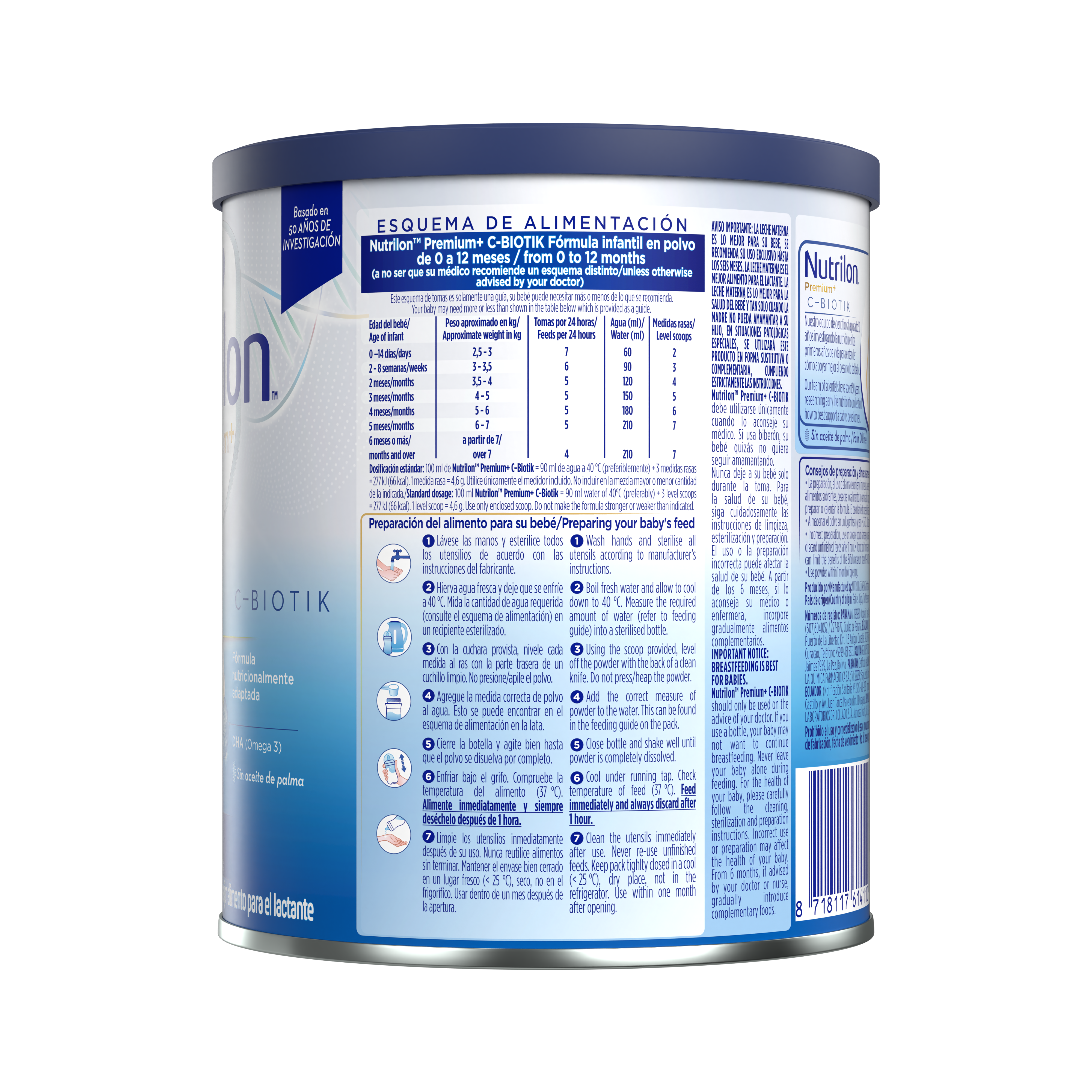 Nutrilon Premium + C-Biotik fórmula para bebés nacidos por cesárea envase azul plateado lata de400g a partir del nacimiento costado izquierdo - Nutricia Ecuador