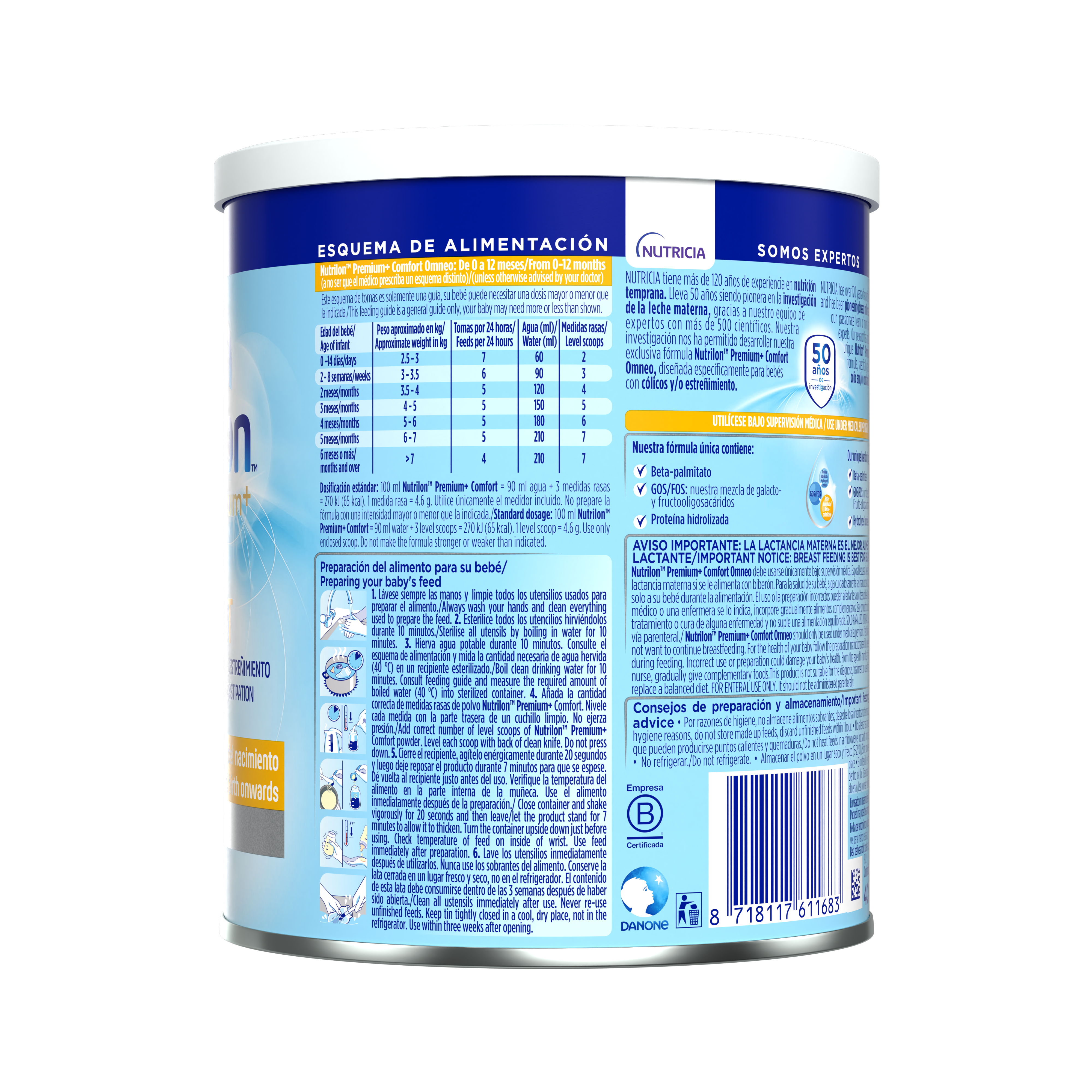 Nutrilon Premium + Comfort Omneo fórmula cólicos envase azul 400g a partir del nacimiento costado izquierdo - Nutricia Ecuador