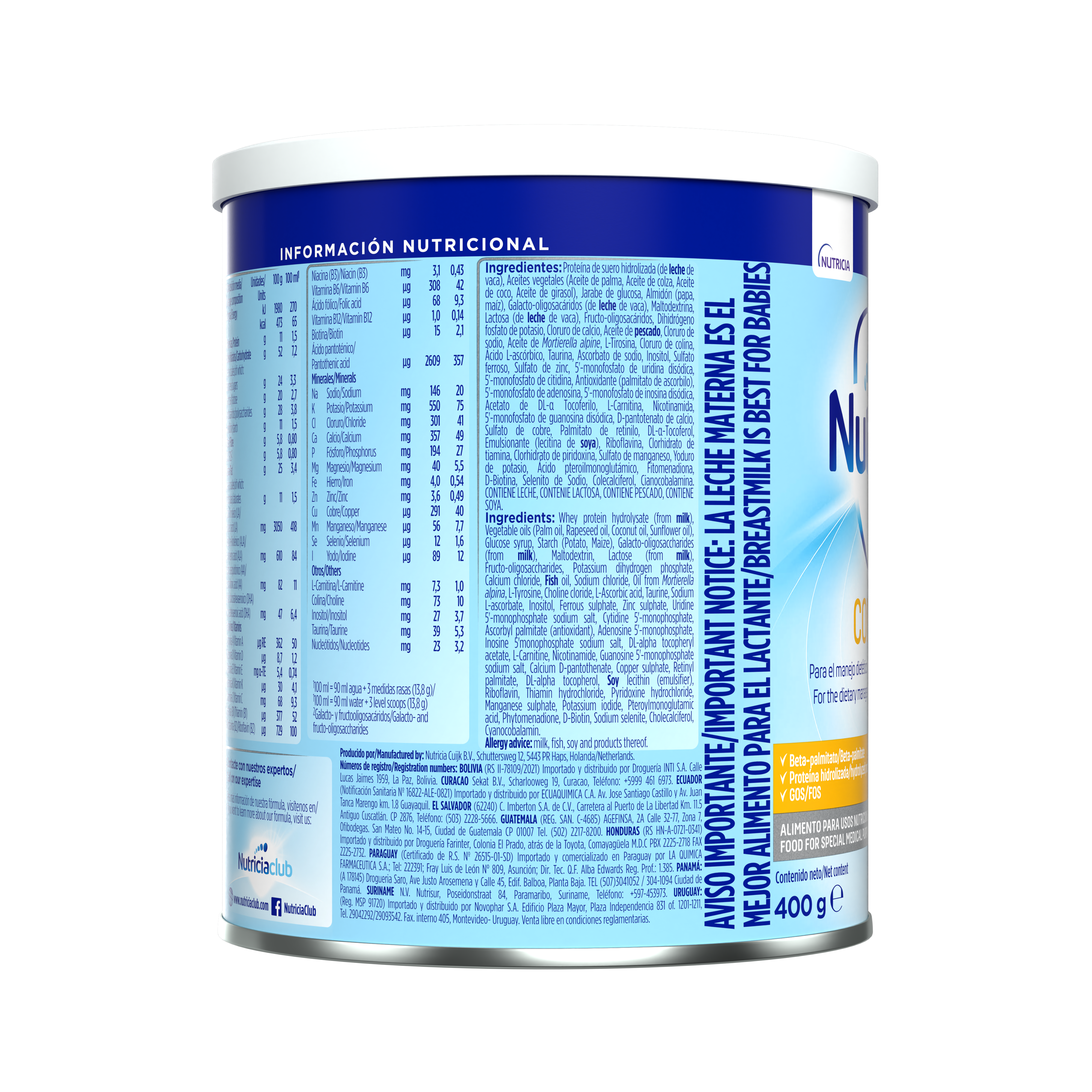 Nutrilon Premium + Comfort Omneo fórmula cólicos envase azul 400g recién nacido costado derecho - Nutricia Ecuador