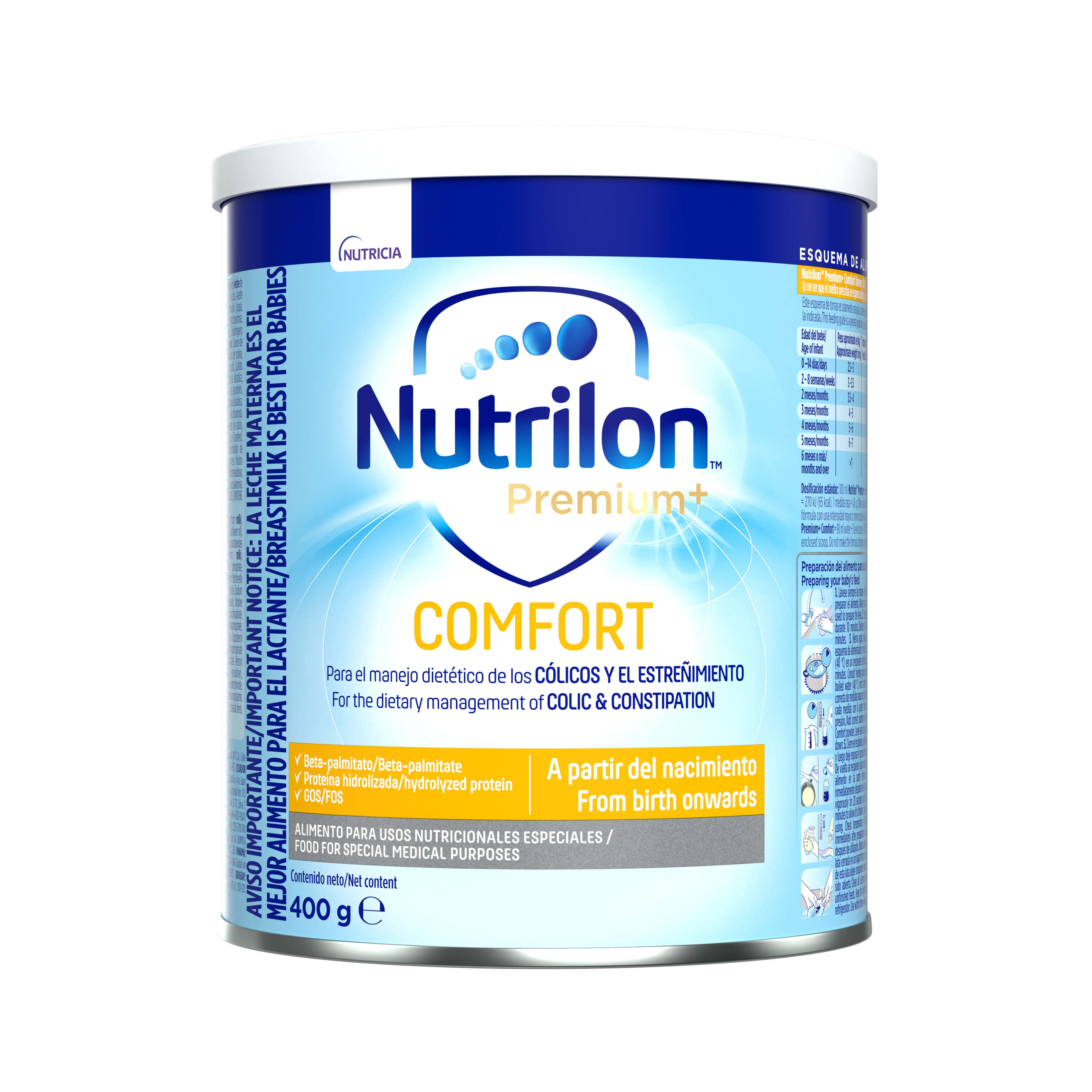 Nutrilon Premium + Comfort Omneo fórmula polvo antiestreñimiento cólicos lata 400g para bebés a partir del nacimiento - Nutricia Ecuador