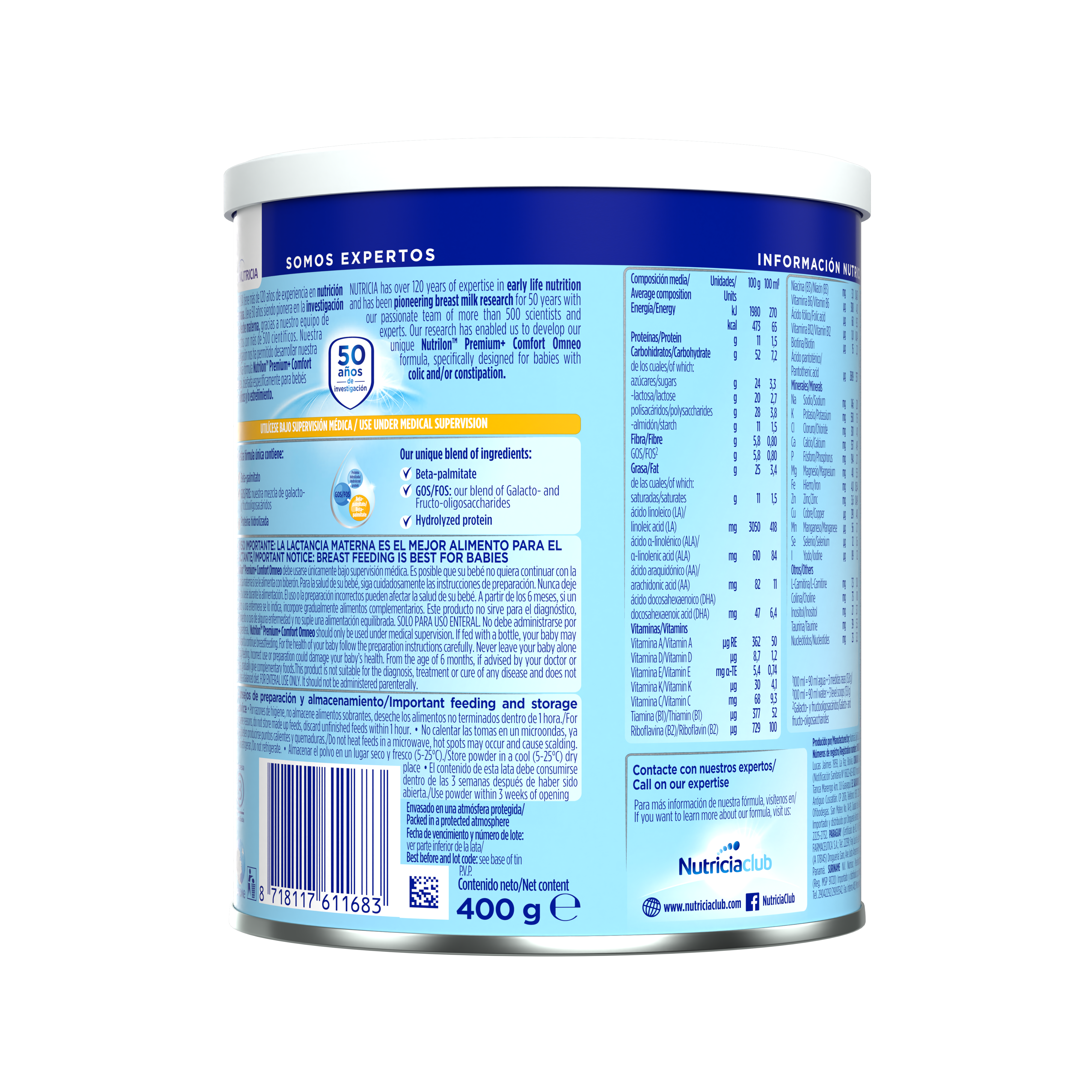 Nutrilon Premium + Comfort Omneo fórmula polvo antiestreñimiento cólicos lata azul 400g para bebés recién nacidos - Nutricia Ecuador