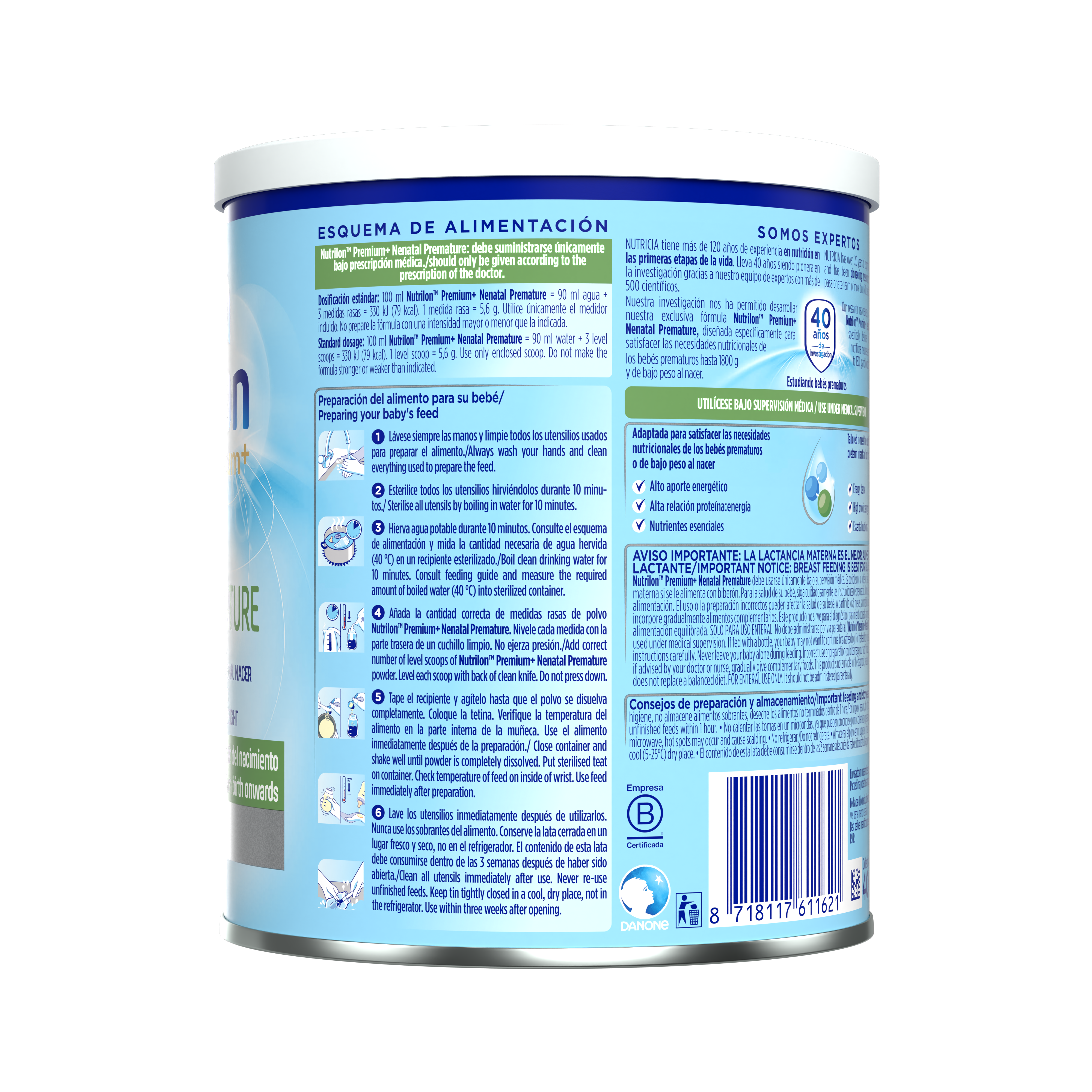 Nutrilon Premium + Nenatal Premature Nutrilon Premature fórmula bebé bajo peso al nacer envase azul claro verde 400g para bebés a partir del nacimiento costado izqueirdo - Nutricia Ecuador