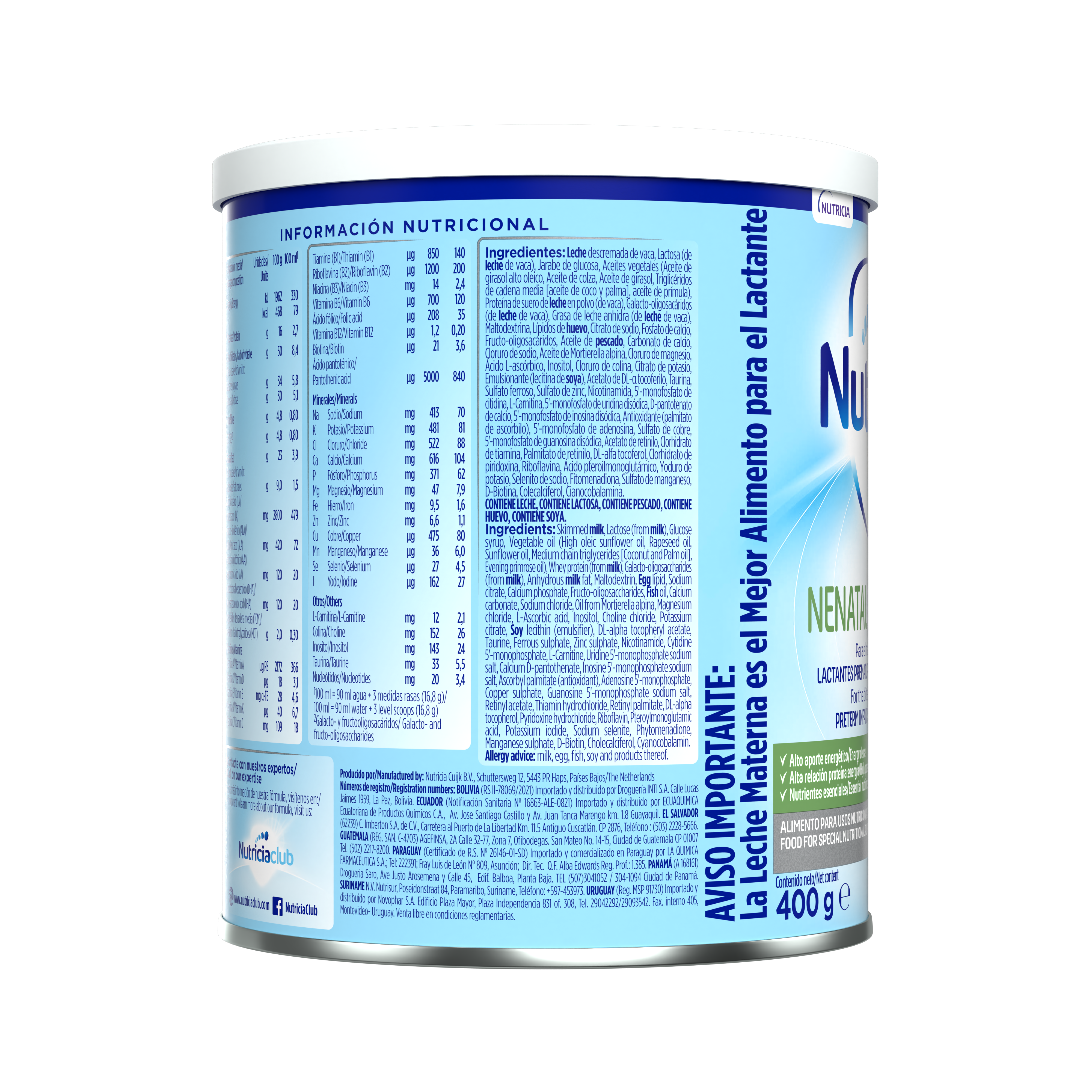Nutrilon Premium + Nenatal Premature Nutrilon Premature fórmula bebé prematuro envase azul claro verde 400g recién nacido costado derecho - Nutricia Ecuador
