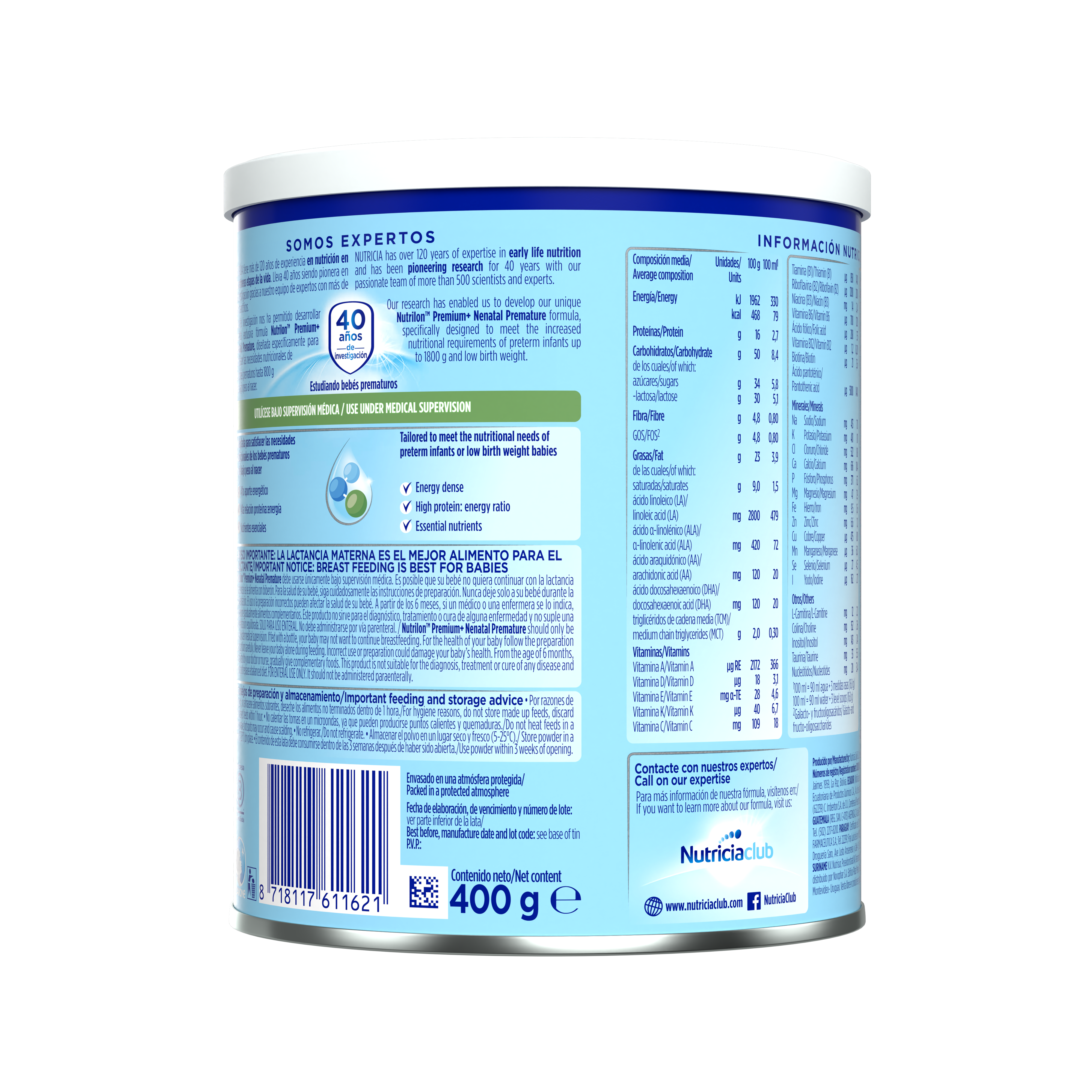 Nutrilon Premium + Nenatal Premature Nutrilon Premature fórmula polvo bebé prematuro bajo peso al nacer lata azul claro verde 400g para bebés recién nacidos - Nutricia Ecuador