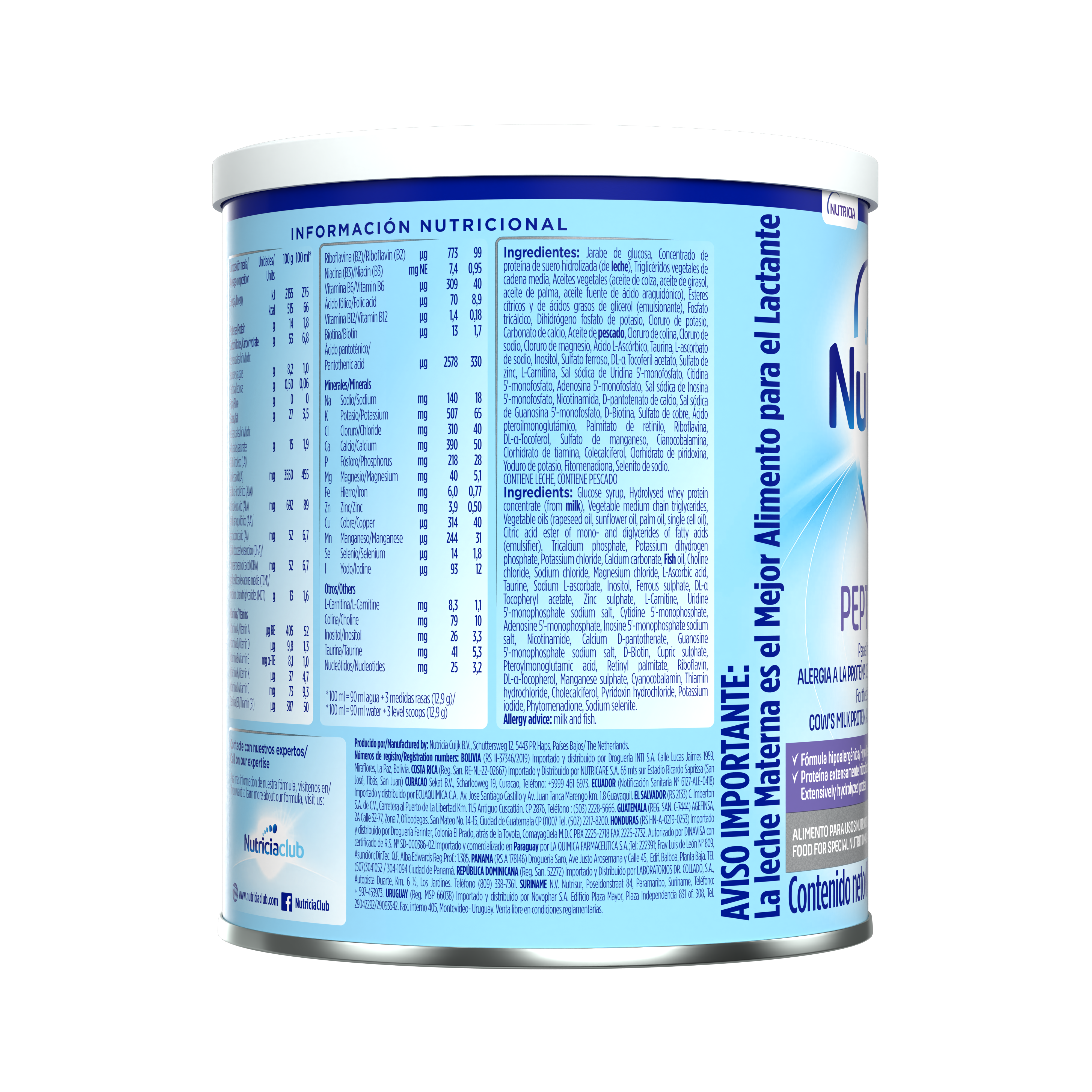 Nutrilon Premium + Pepti Junior fórmula extensamente hidrolizada envase azul claro morado 400g recién nacido costado derecho
