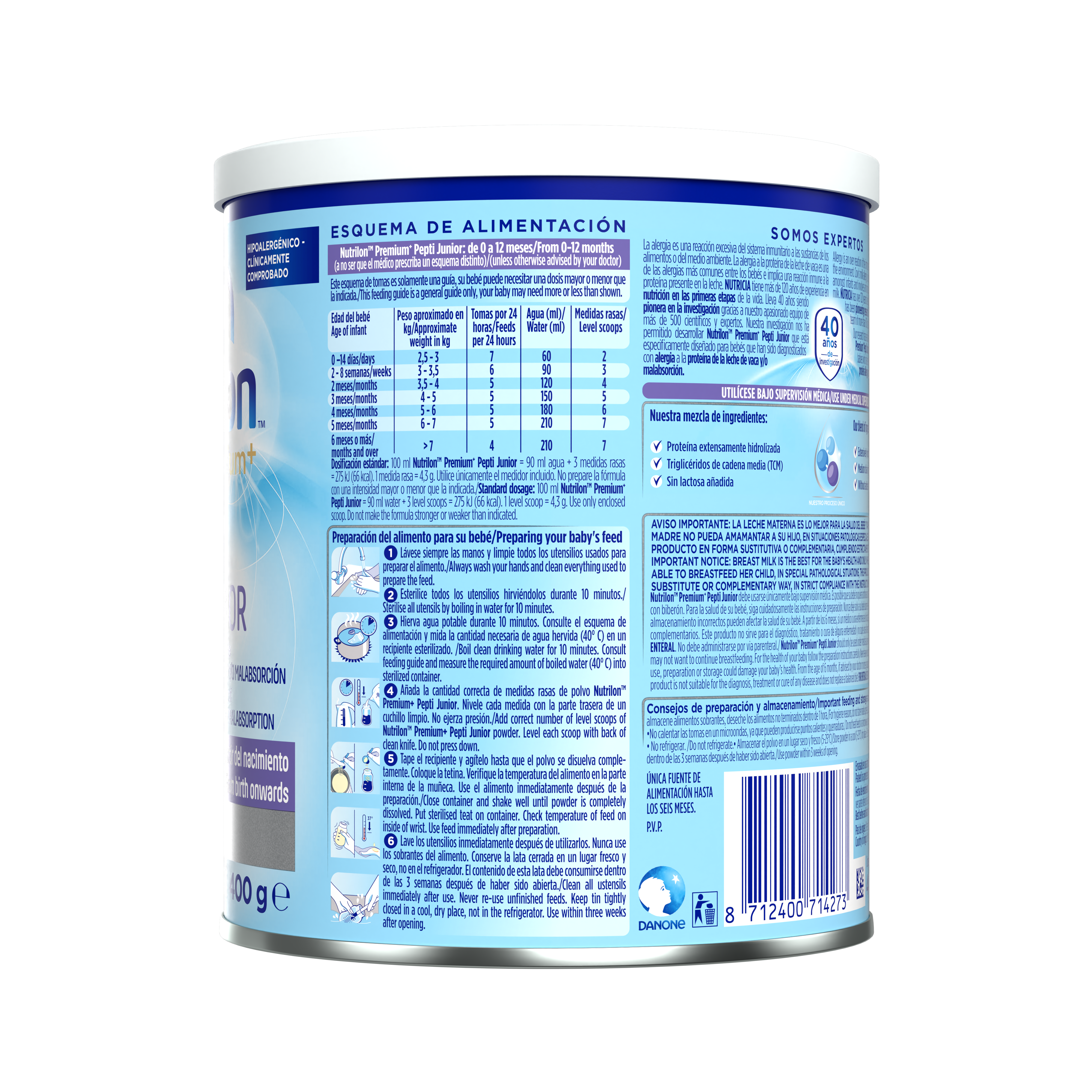 Nutrilon Premium + Pepti Junior fórmula hipoalergénica envase azul claro morado 400g a partir del nacimiento costado izquierdo