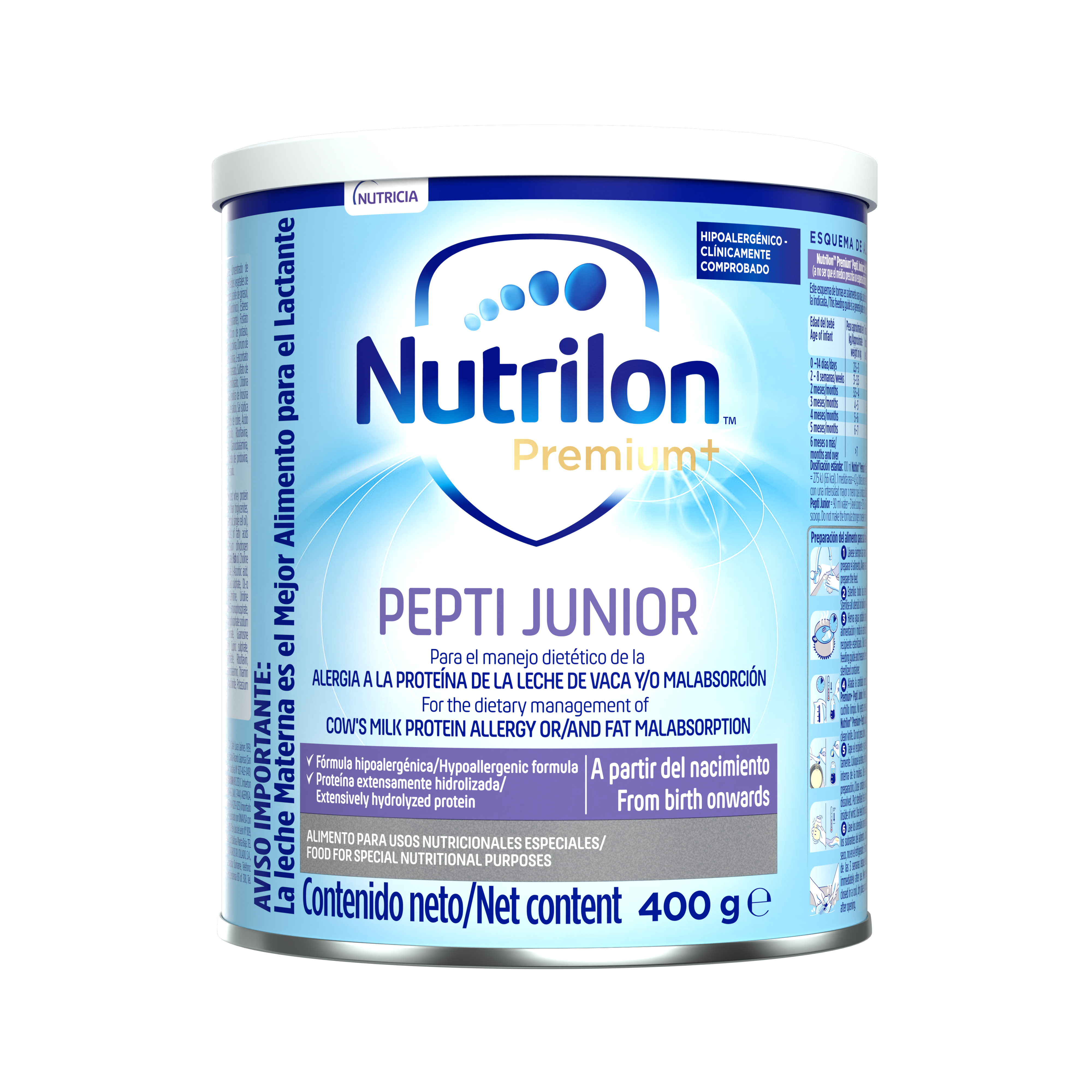 Nutrilon Premium + Pepti Junior fórmula polvo extensamente hidrolizada hipoalergénica lata 400g para bebés a partir del nacimiento