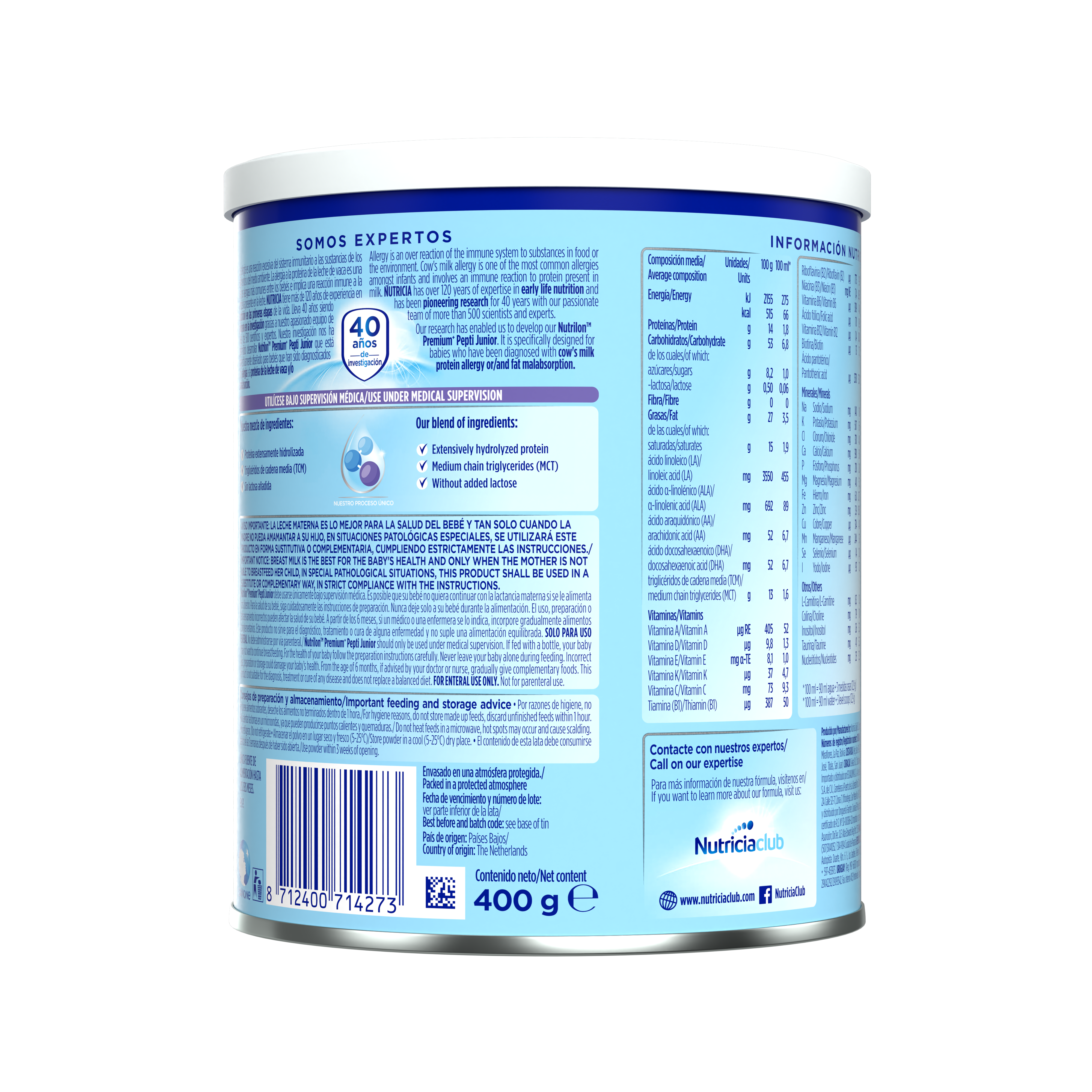 Nutrilon Premium + Pepti Junior fórmula polvo extensamente hidrolizada hipoalergénica lata azul claro morado 400g para bebés recién nacidos