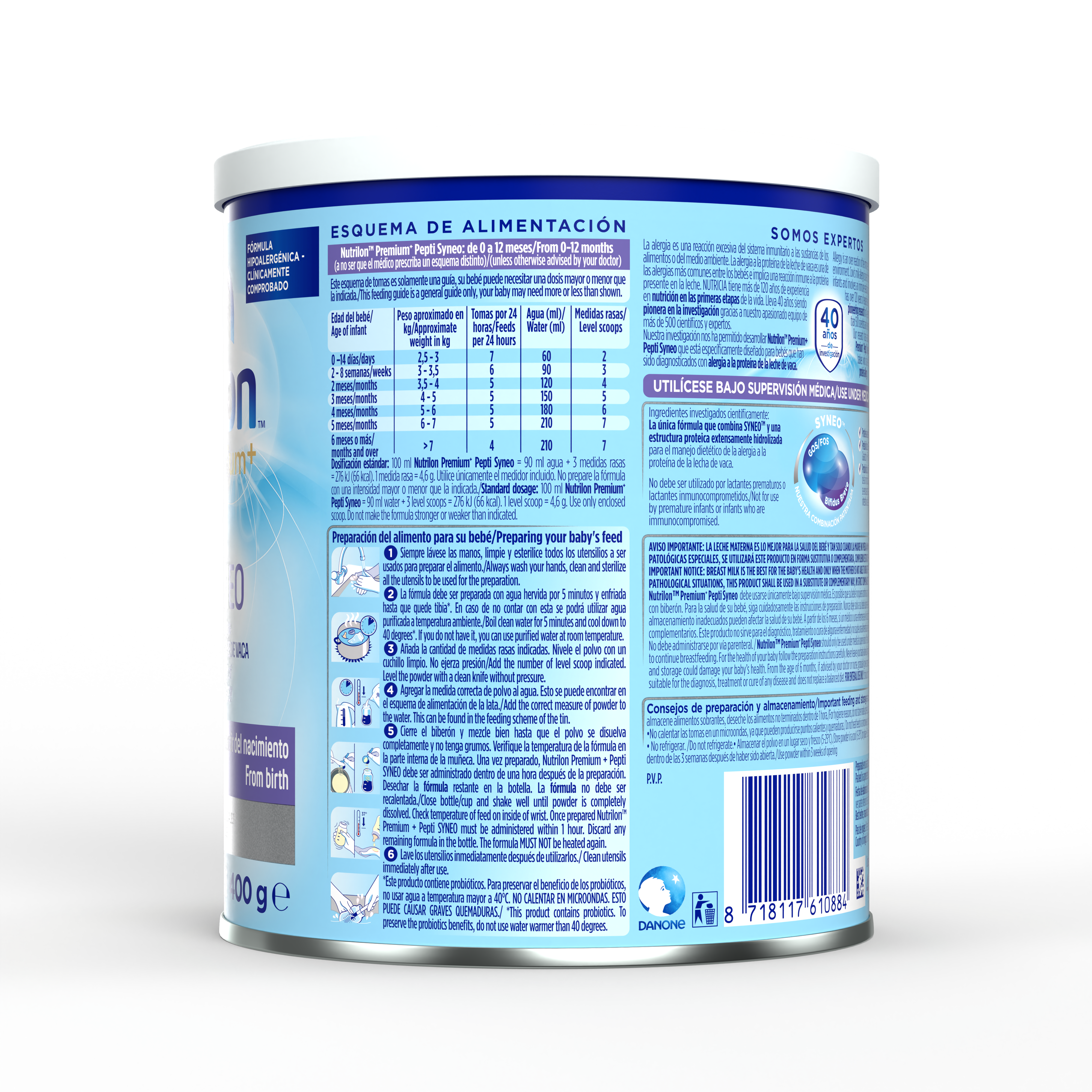 Nutrilon Premium + Pepti Syneo fórmula alergia proteína leche vaca aplv envase azul claro morado 400g para bebés a partir del nacimiento costado izqueirdo