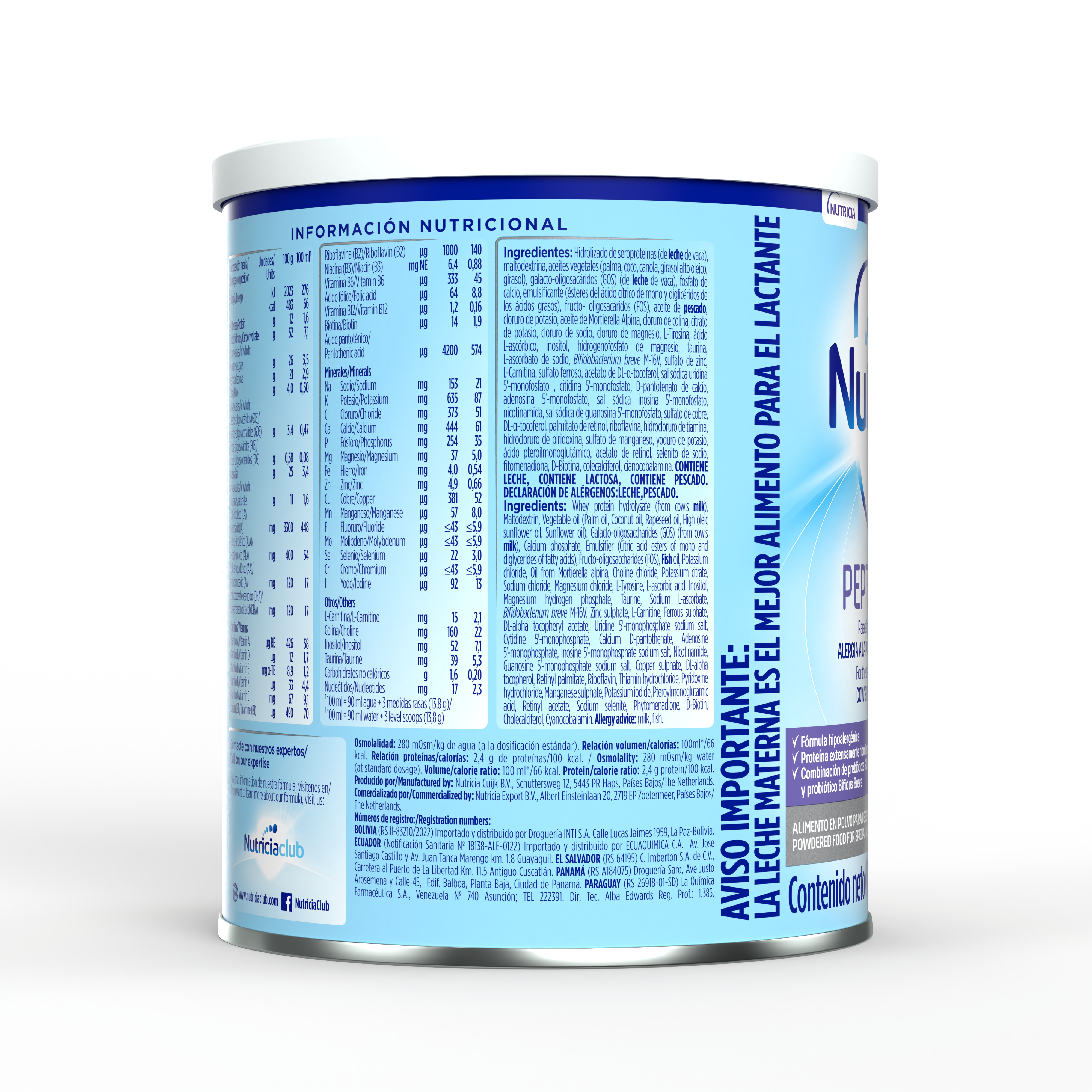 Nutrilon Premium + Pepti Syneo fórmula extensamente hidrolizada aplv envase azul claro morado 400g recién nacido costado derecho
