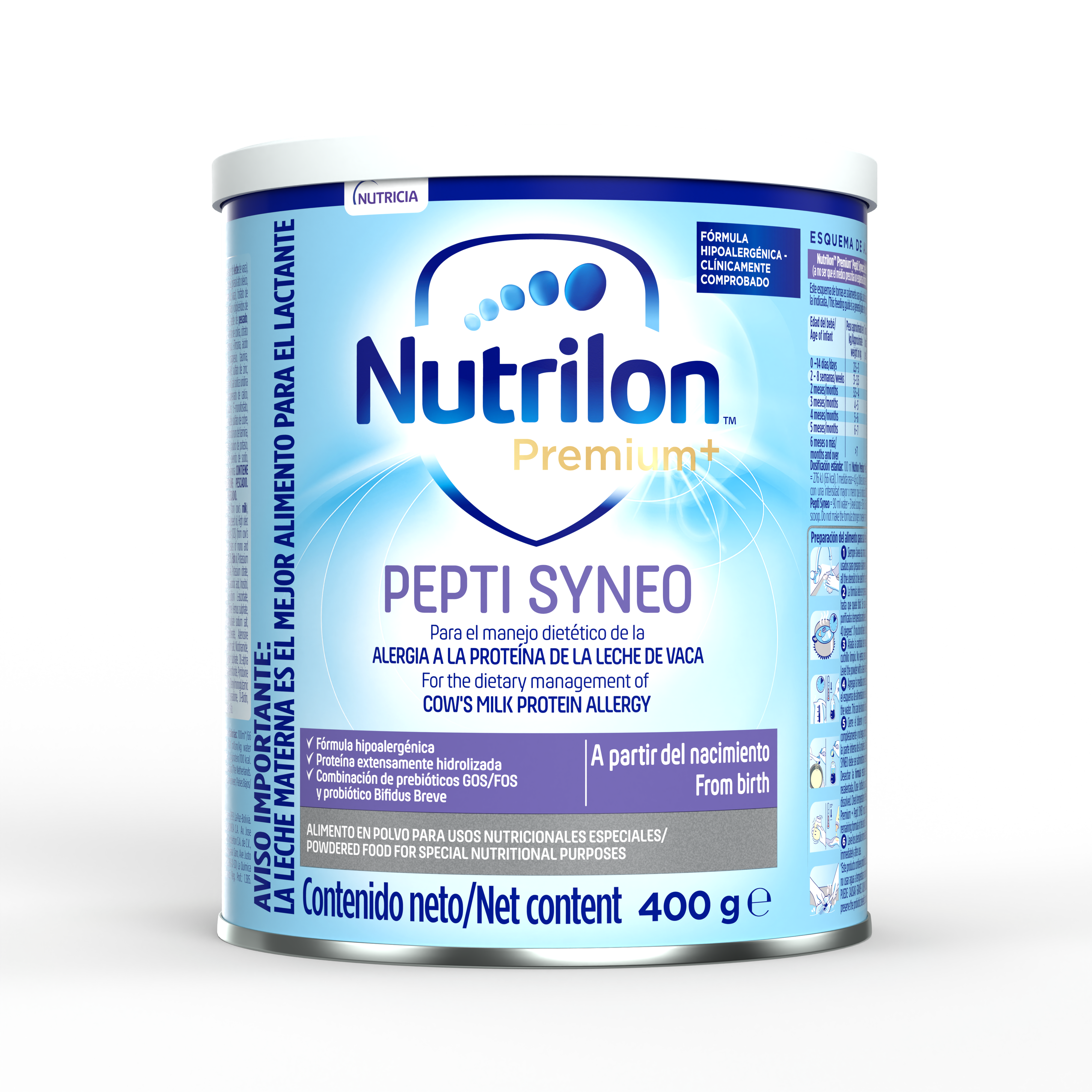 Nutrilon Premium + Pepti Syneo fórmula polvo extensamente hidrolizada alergia proteína leche vaca aplv lata 400g para bebés a partir del nacimiento