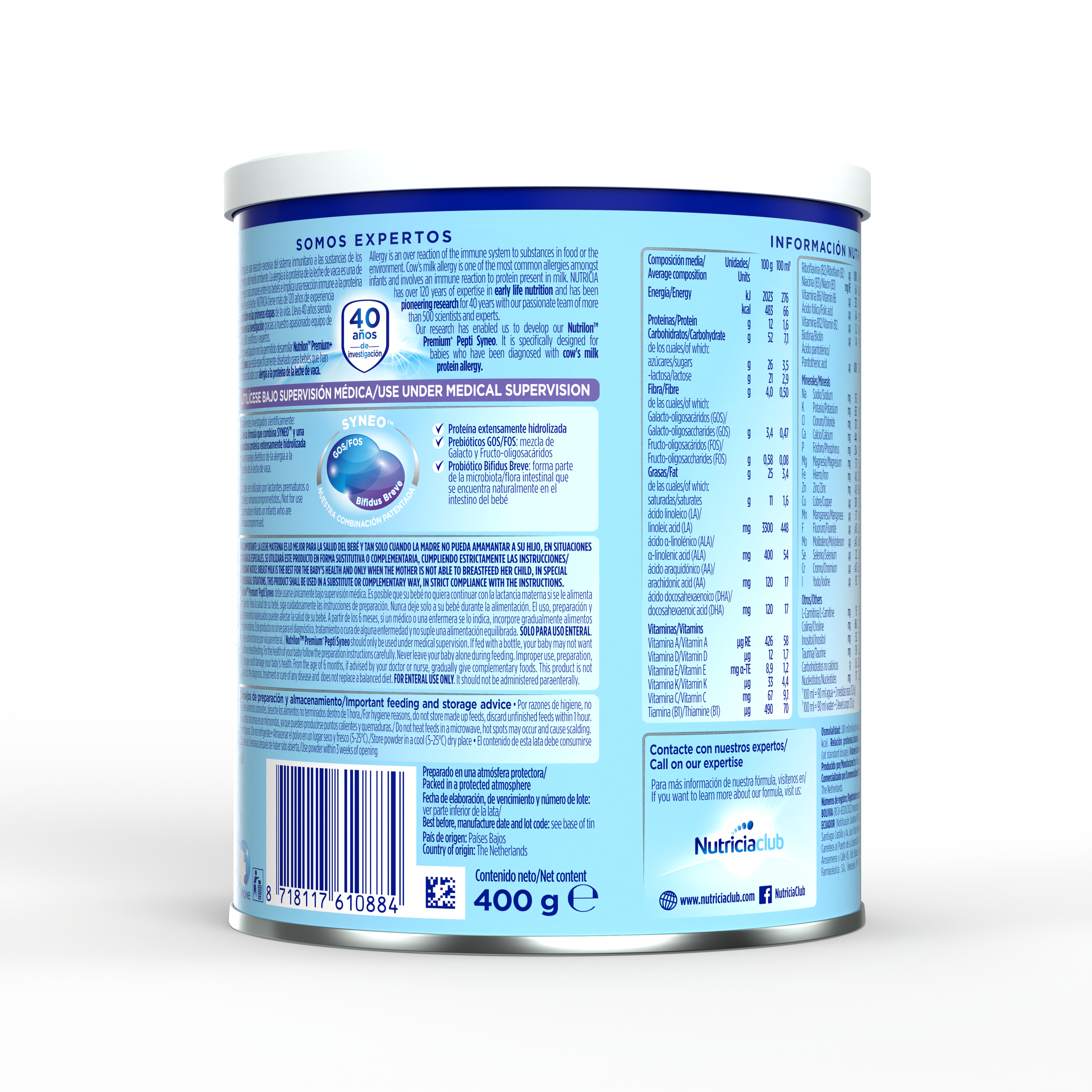 Nutrilon Premium + Pepti Syneo fórmula polvo extensamente hidrolizada alergia proteína leche vaca aplv lata azul claro morado 400g para bebés recién nacidos