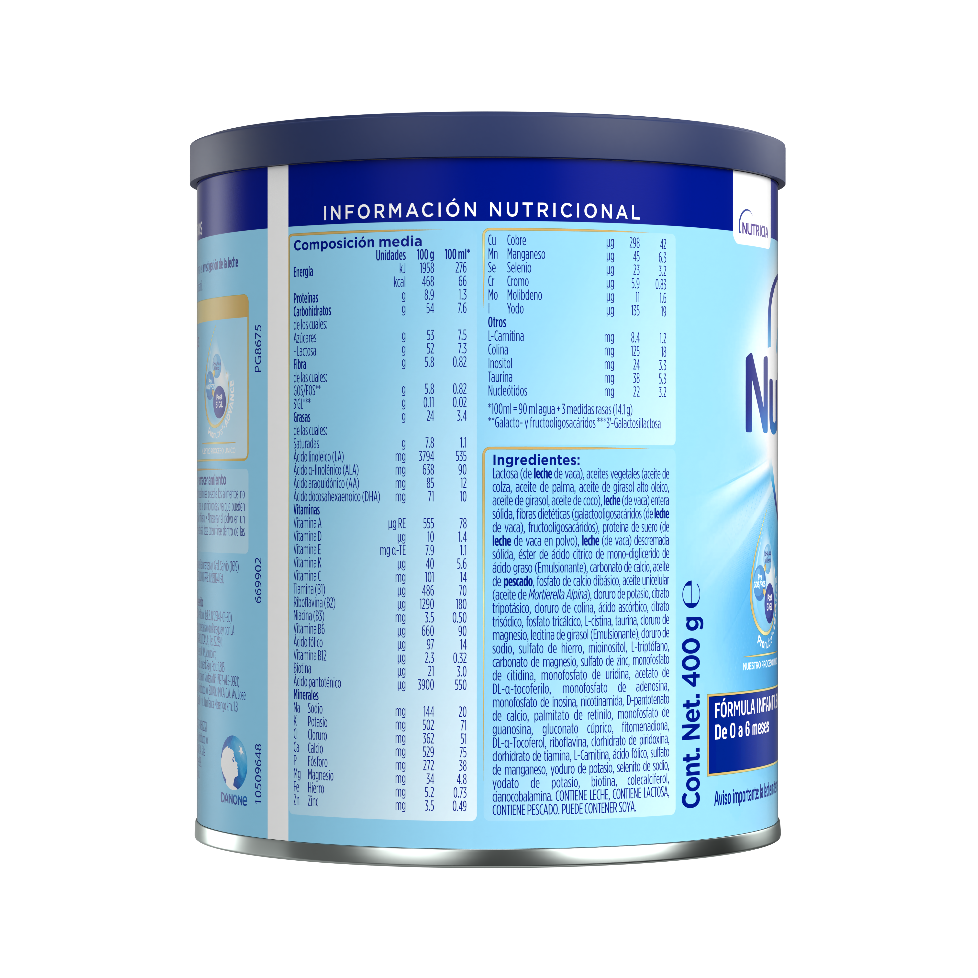 Nutrilon Premium + 1 Nutrilon 1 fórmula infantil polvo etapa 1 envase azul claro azul oscuro 400g para bebés 0 a 6 meses costado derecho - Nutricia Ecuador
