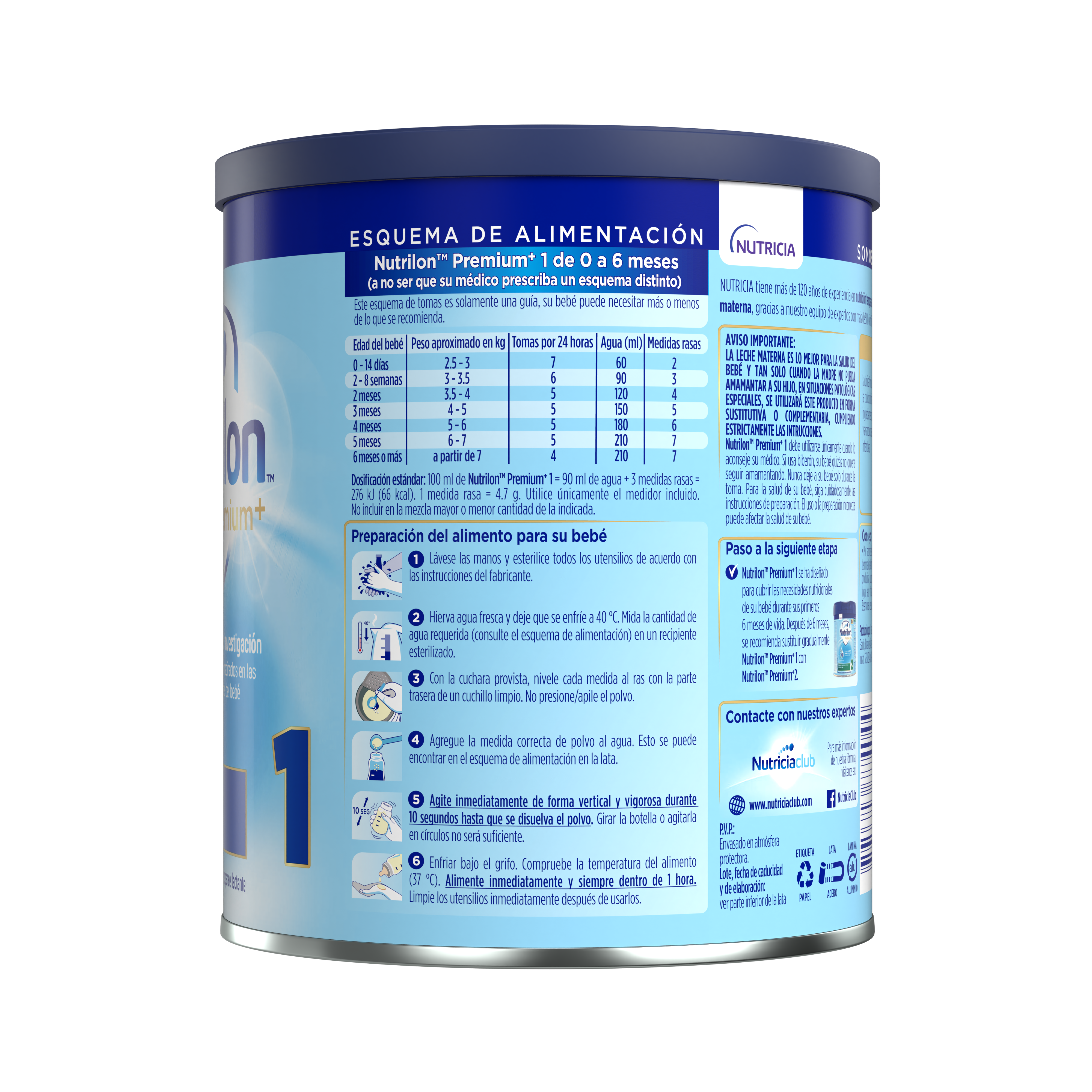 Nutrilon Premium + 1 Nutrilon 1 fórmula infantil polvo inicio envase azul claro azul oscuro 400g para bebés 0 a 6 meses costado izquierdo - Nutricia Ecuador