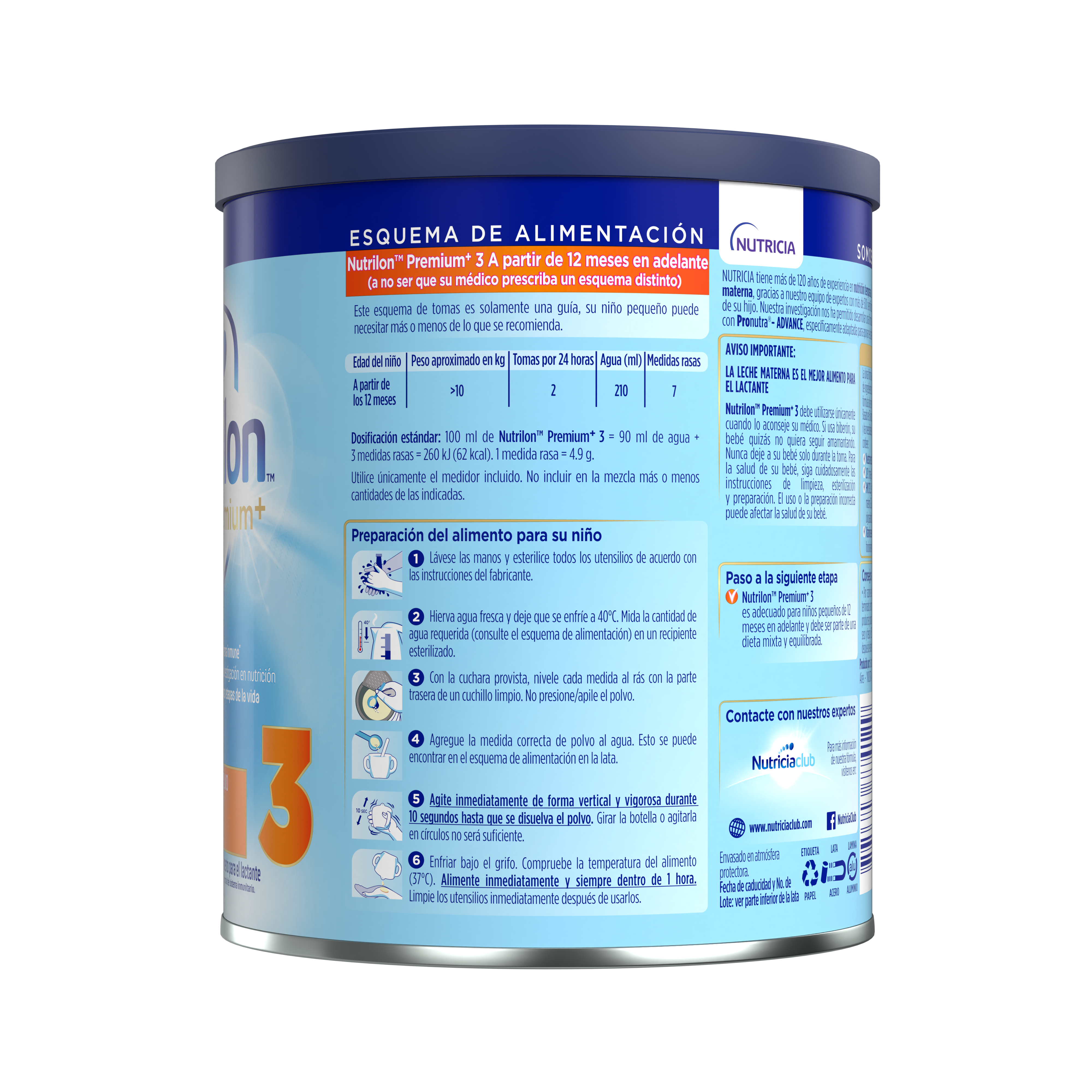 Nutrilon Premium + 3 Nutrilon 3 fórmula crecimento polvo para niños pequeños envase azul claro naranja 400g para bebés desde 12 meses costado izquierdo - Nutricia Ecuador