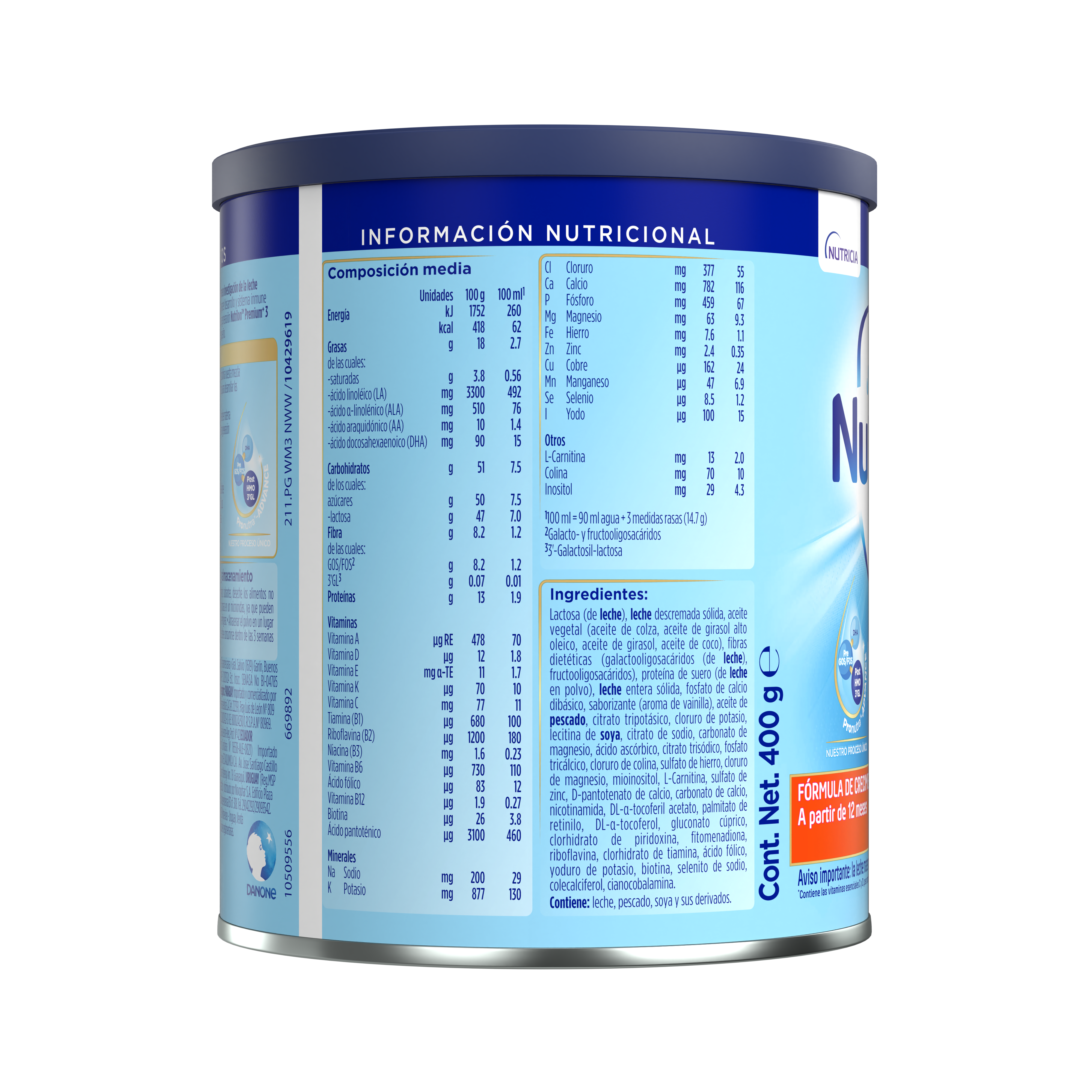 Nutrilon Premium + 3 Nutrilon 3 fórmula crecimiento polvo etapa 3 envase azul claro naranja 400g para bebés desde 12 meses costado derecho - Nutricia Ecuador