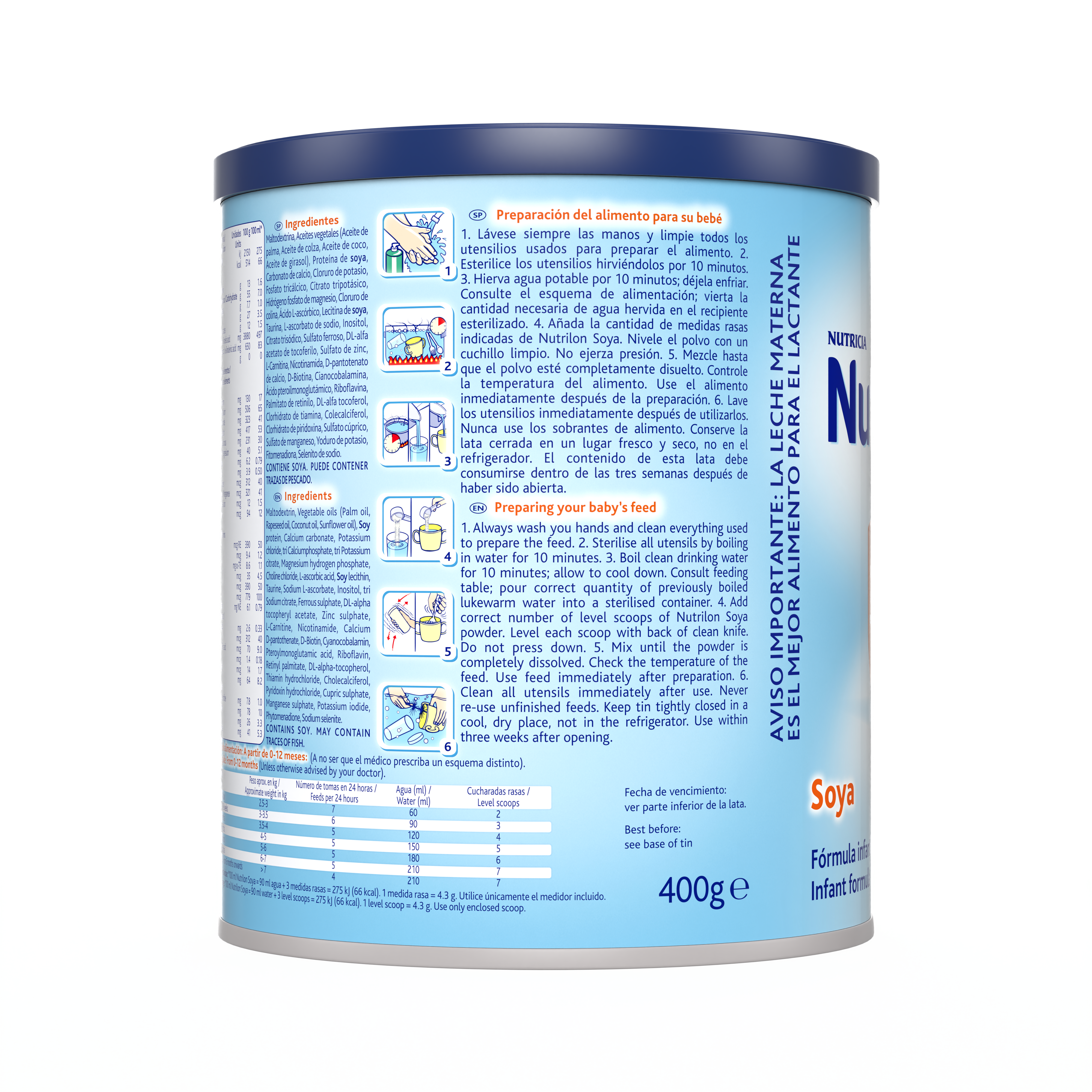 Nutrilon Soya fórmula en polvo de soya para bebés que requieran una dieta sin leche, de 0 a 12 meses, lata 400g costado derecho