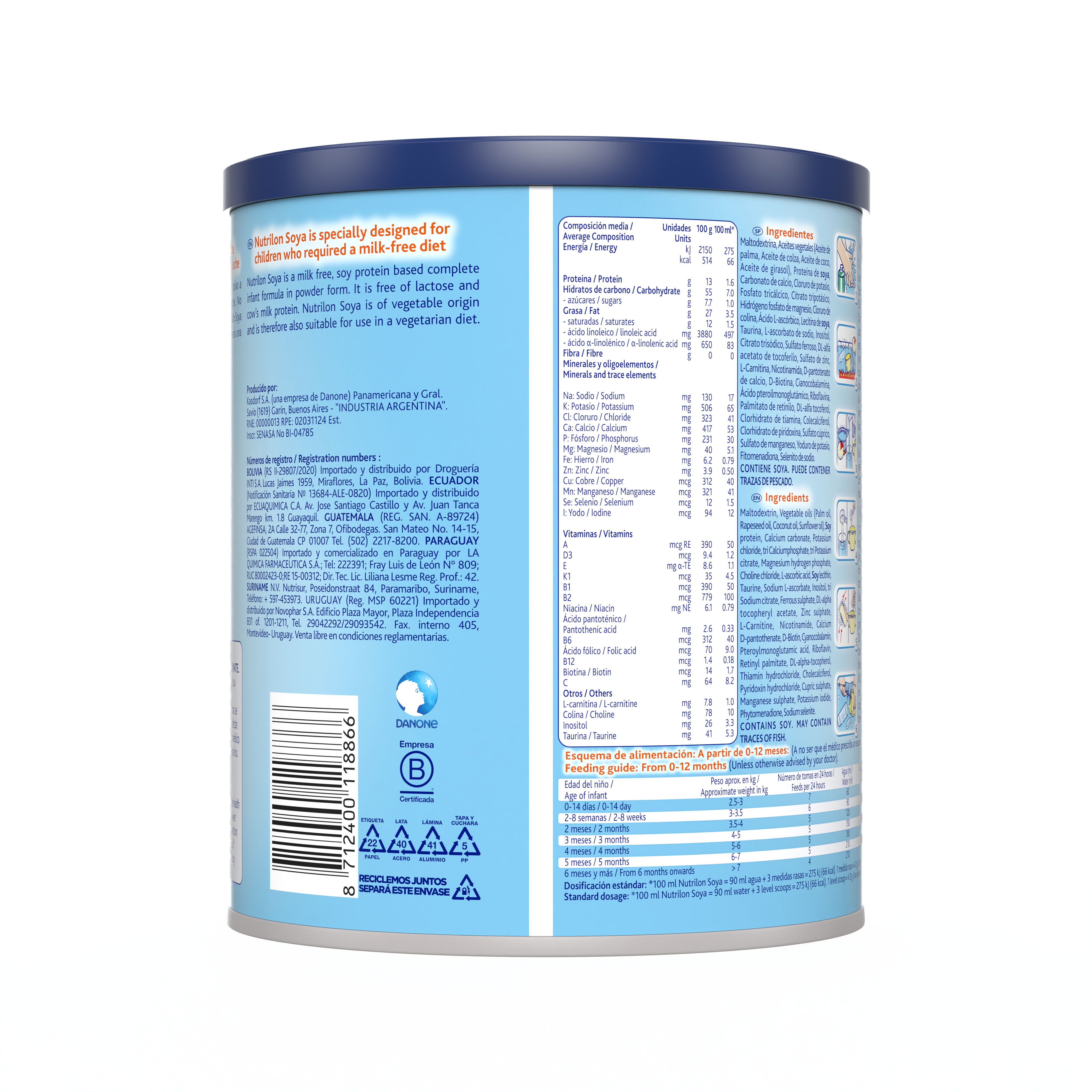 Nutrilon Soya fórmula en polvo de soya para bebés que requieran una dieta sin leche, de 0 a 12 meses, lata 400g , Packshot atras.