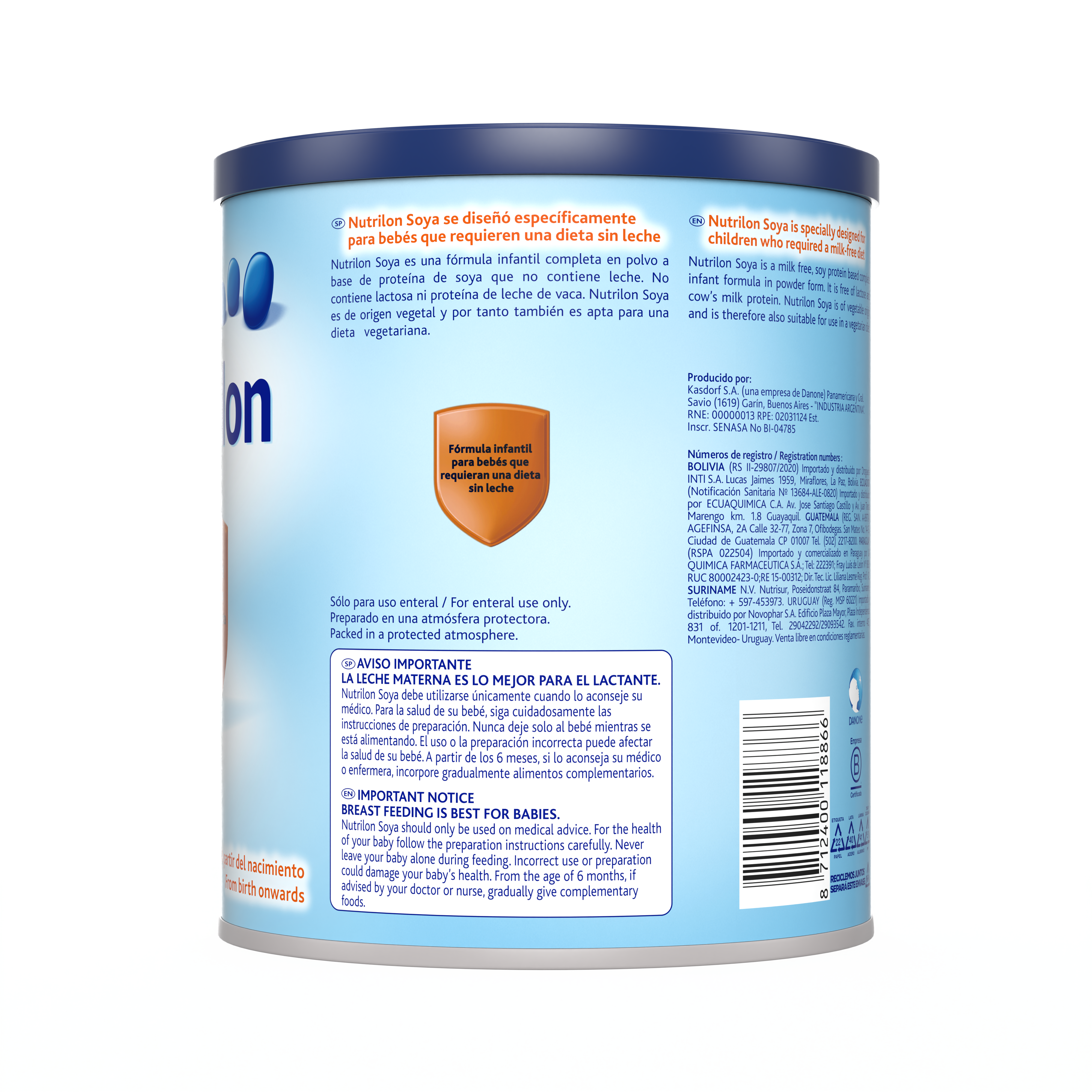 Nutrilon Soya fórmula en polvo de soya para bebés que requieran una dieta sin leche, de 0 a 12 meses, lata 400g costado izquierdo