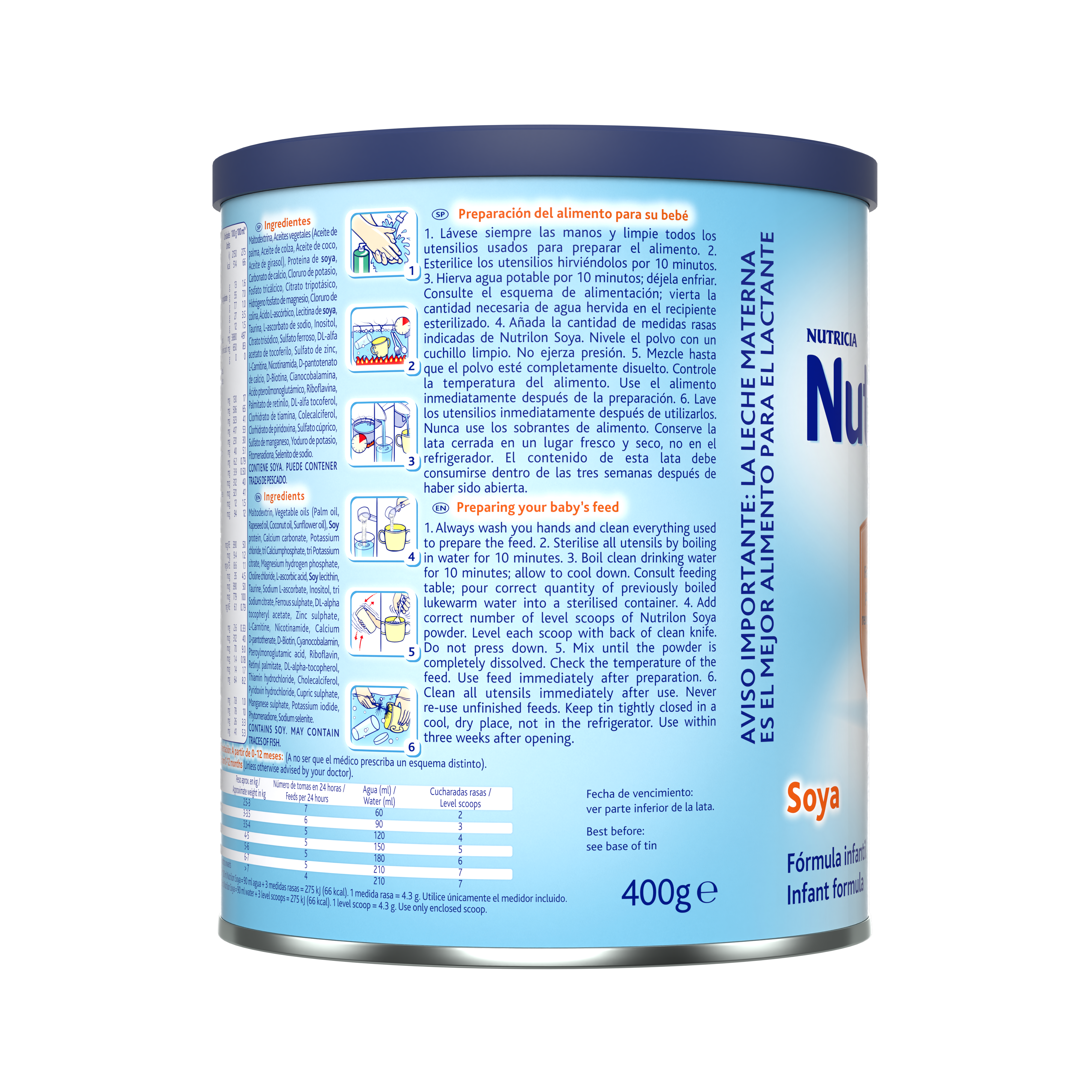 Nutrilon Soya fórmula polvo leche de soya bebés 0 a 6 meses bebés 1 año envase azul claro 400g costado derecho – Nutricia Ecuador