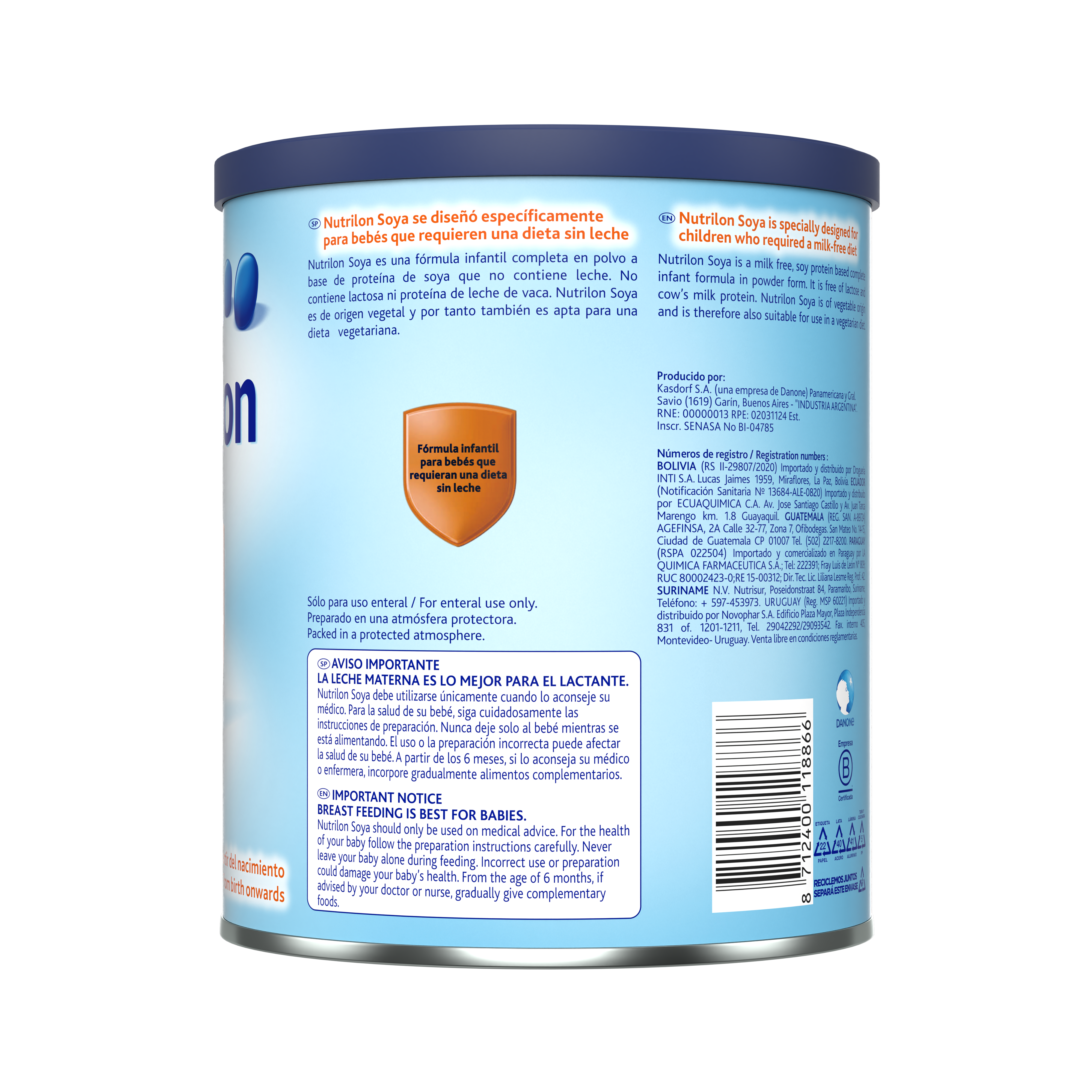 Nutrilon Soya fórmula polvo leche de soya bebés 0 a 6 meses bebés 1 año envase azul claro 400g costado izquierdo – Nutricia Ecuador