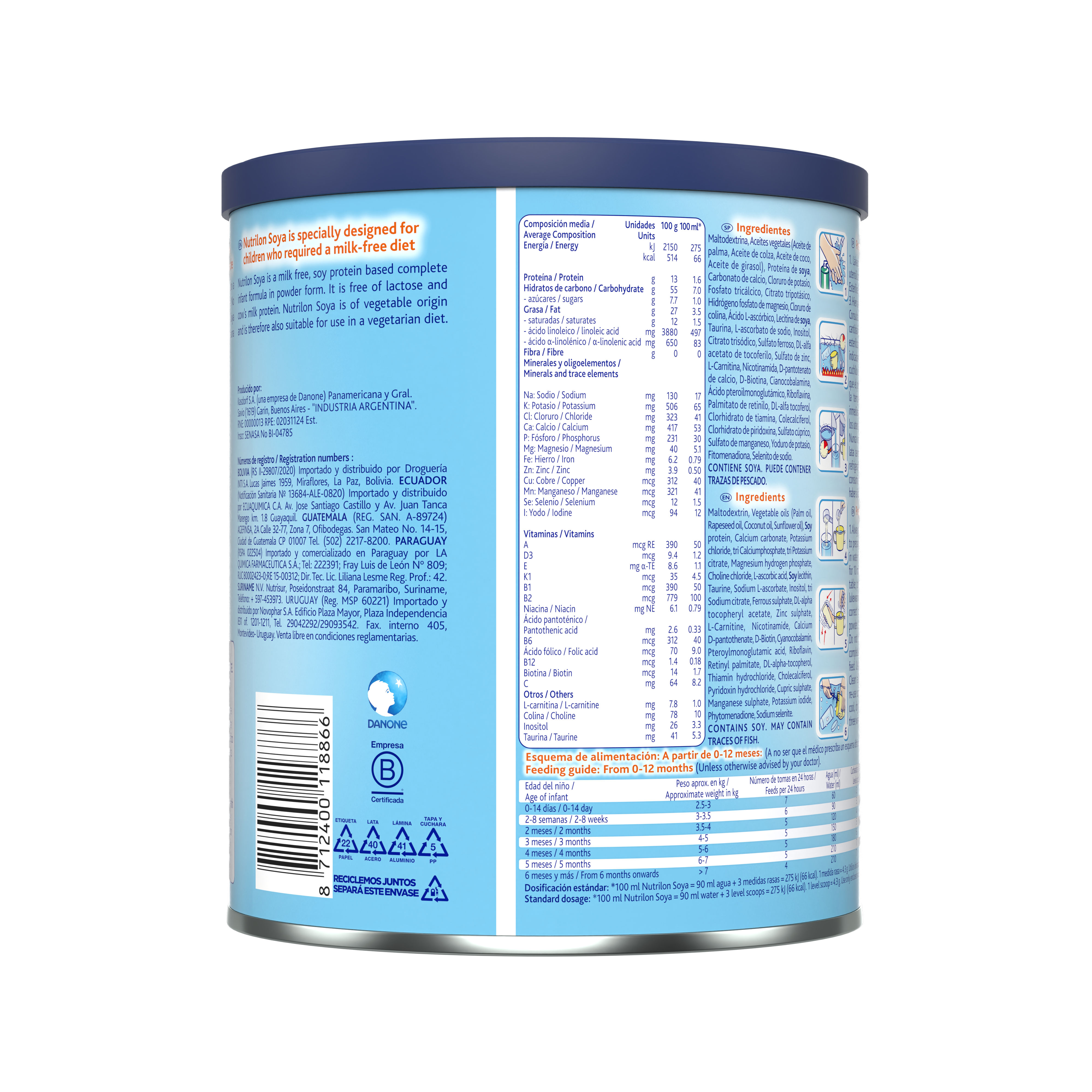Nutrilon Soya fórmula polvo leche de soya bebés 0 a 6 meses bebés 1 año lata azul claro 400g - Nutricia Ecuador