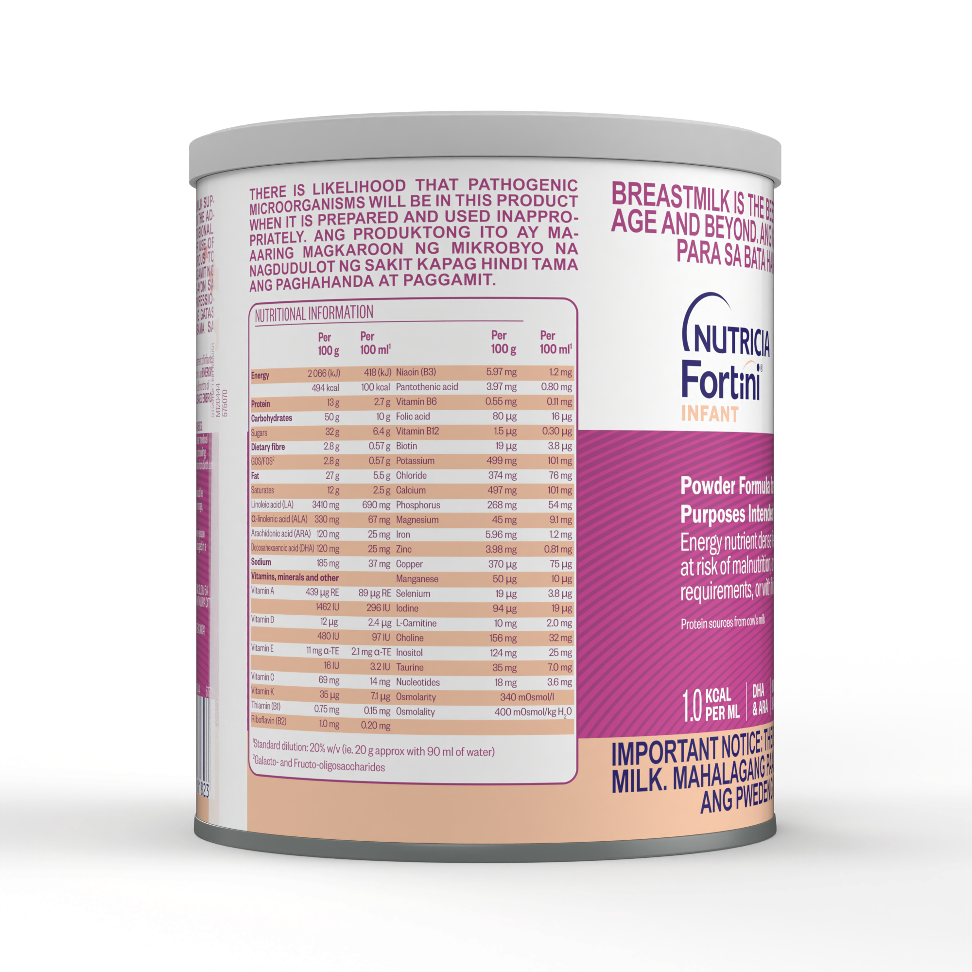 Side view of Fortini Infant Formula Energy Nutrient Dense Feed powder for infants up to 18 months in a 400 gram tin with nutritional information