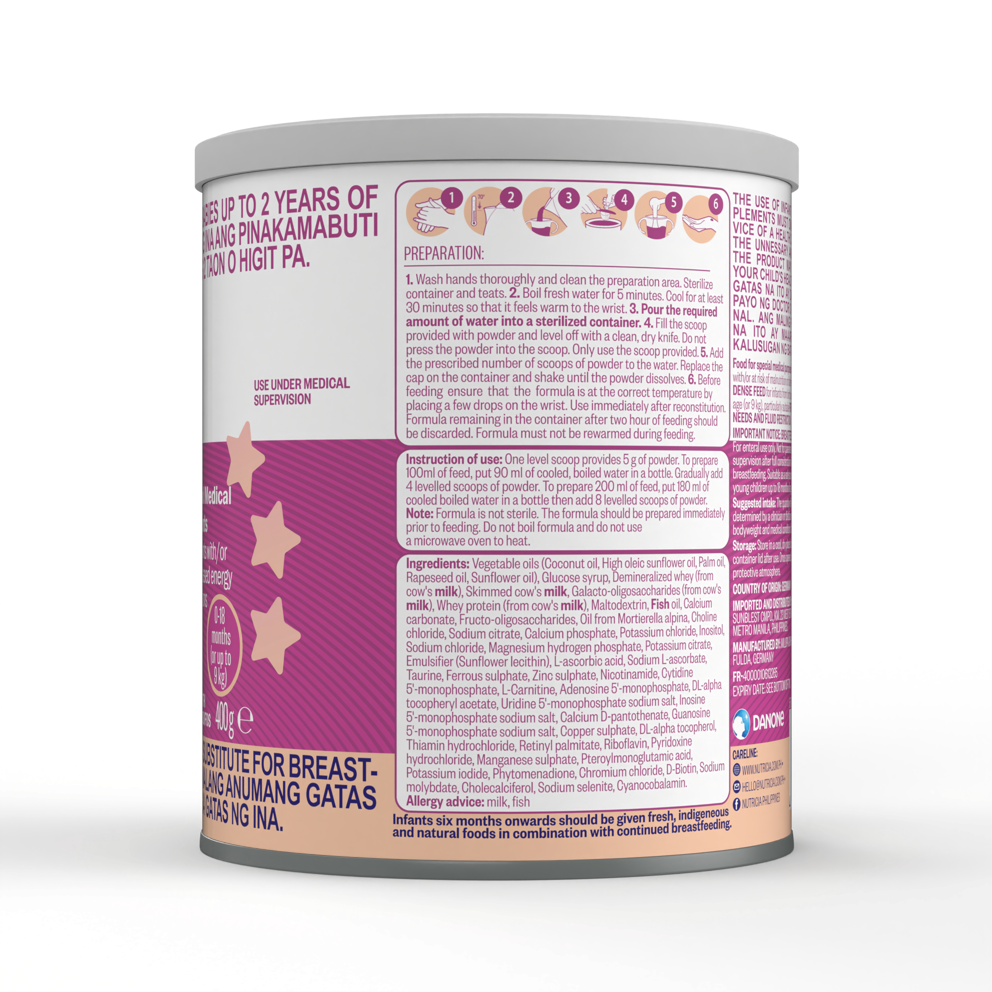 Side view of Fortini Infant Formula Energy Nutrient Dense Feed powder for infants up to 18 months in a 400 gram tin with ingredients and preparation instructions