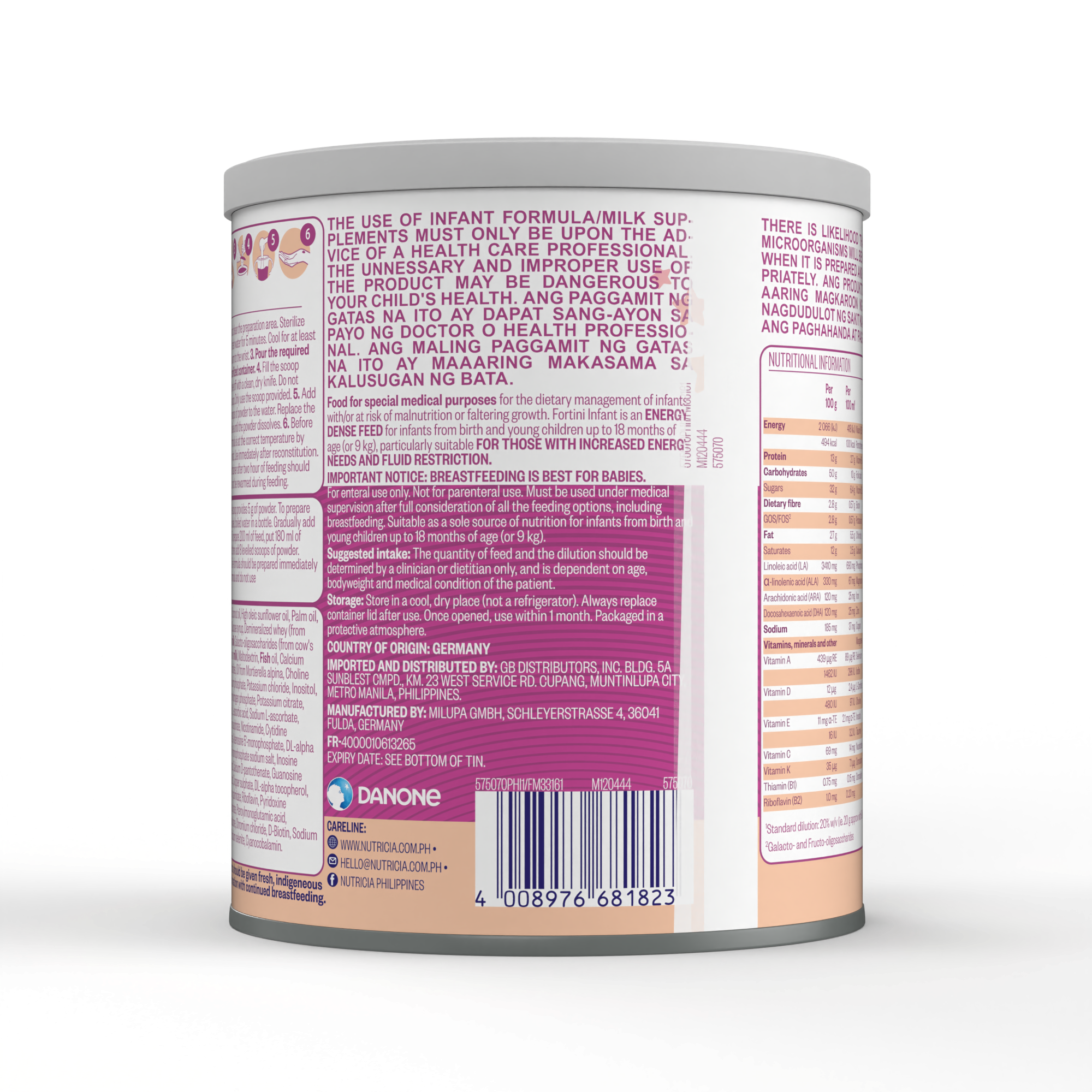 Side view of Fortini Infant Formula Energy Nutrient Dense Feed powder for infants up to 18 months in a 400 gram tin with manufacturer details