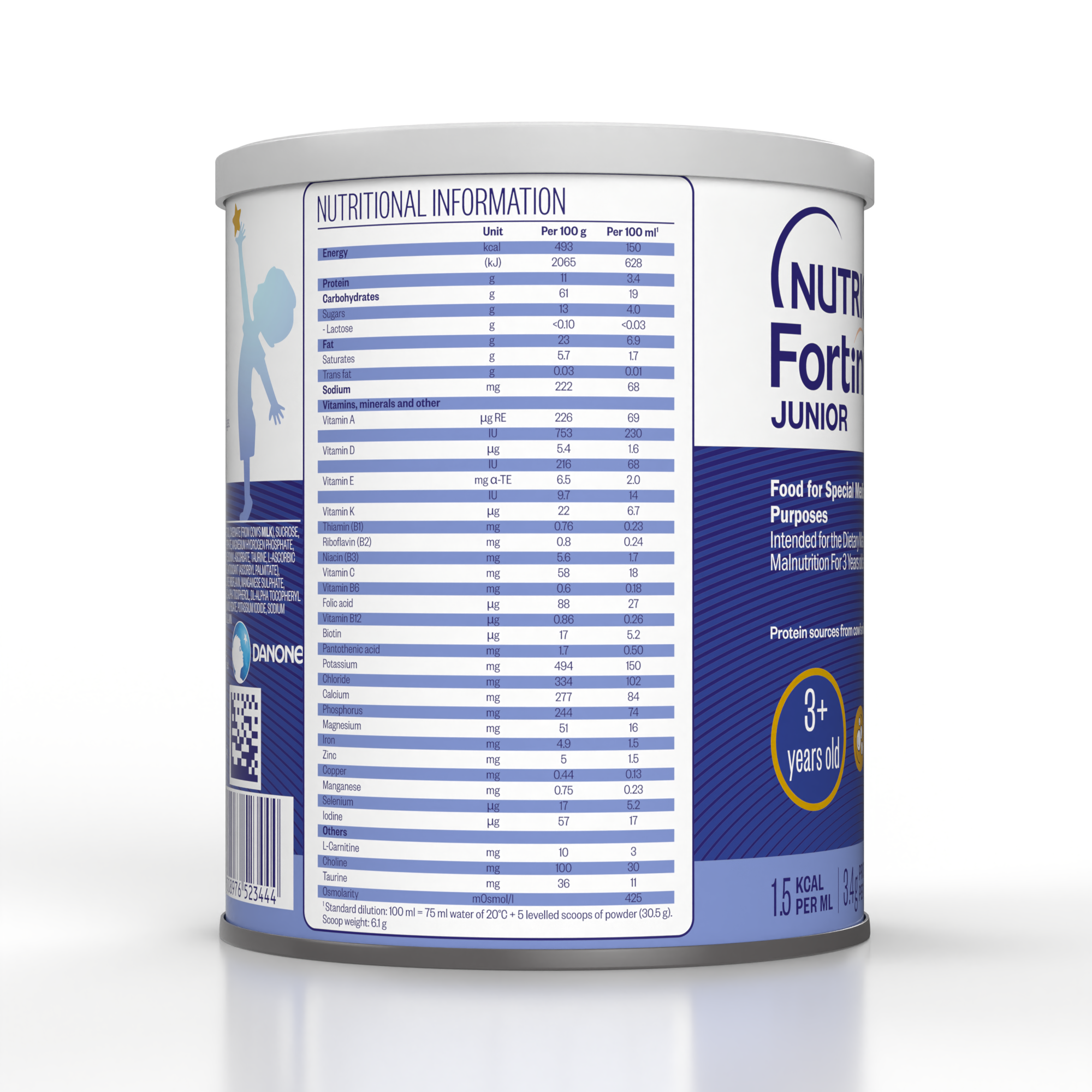 Side view of Fortini Junior 3+ Energy Nutrient Dense Oral Nutrition Supplement for Dietary Management of Malnutrition for Children Above 3 Years Old in a 400g tin with nutritional information