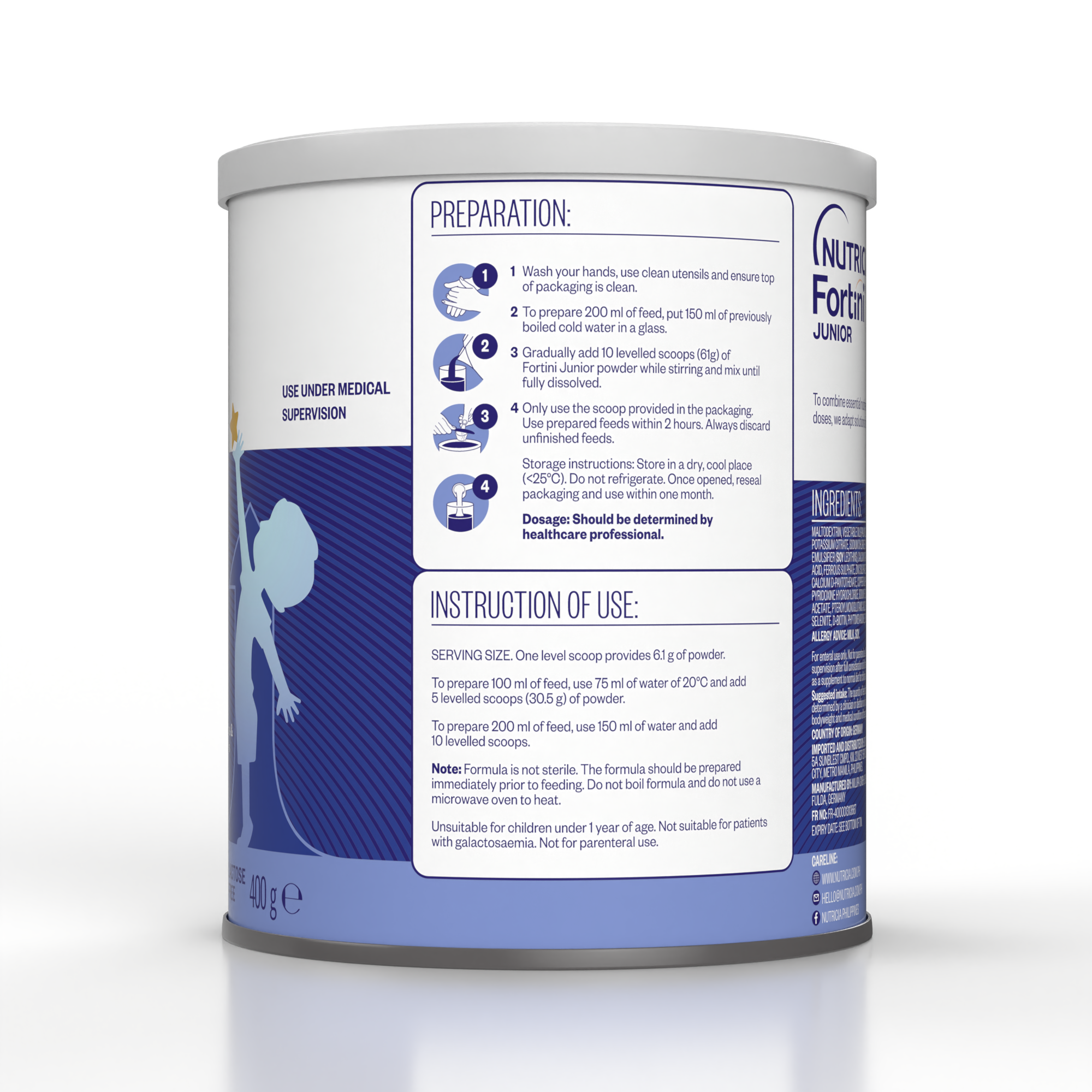 Side view of Fortini Junior 3+ Energy Nutrient Dense Oral Nutrition Supplement for Dietary Management of Malnutrition for Children Above 3 Years Old in a 400g tin with Preparation instructions