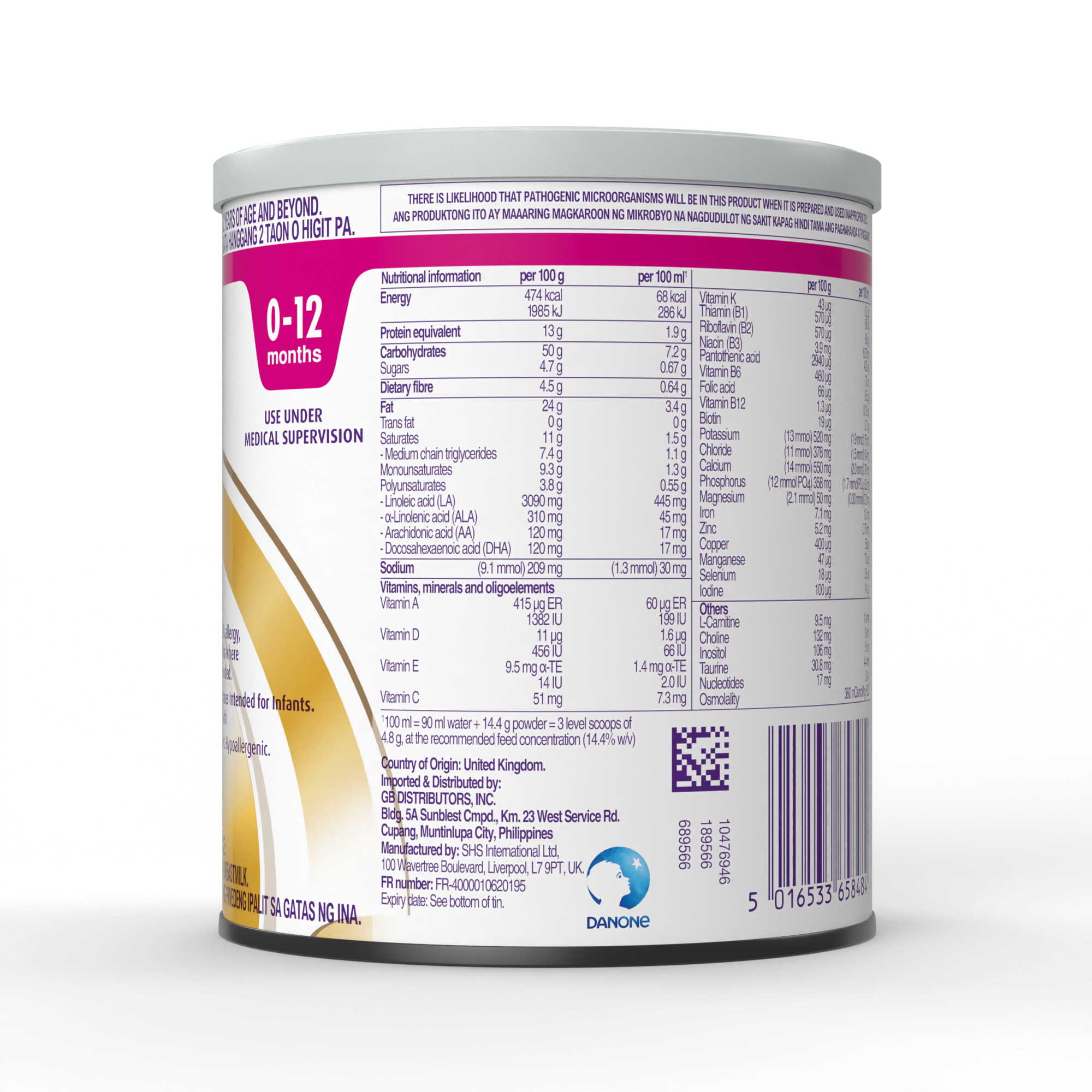Side view of Neocate Amino Acid Syneo Amino Acid-Based Formula powder for infants up to 12 months in a 400 gram tin with nutritional information