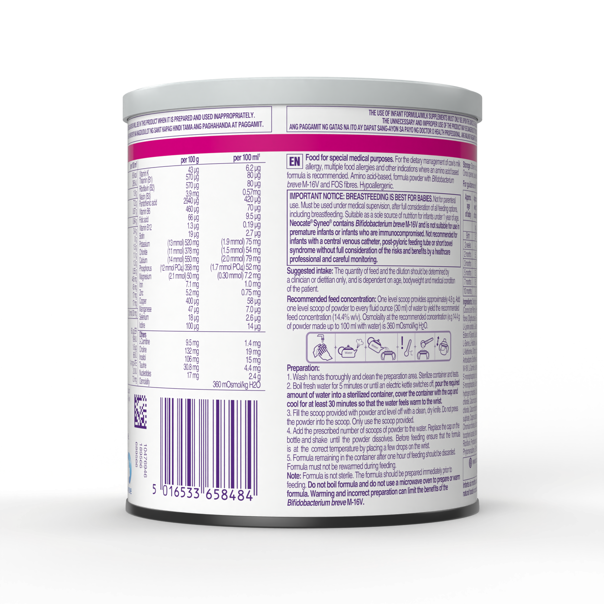 Side view of Neocate Amino Acid Syneo Amino Acid-Based Formula powder for infants up to 12 months in a 400 gram tin with preparation instructions