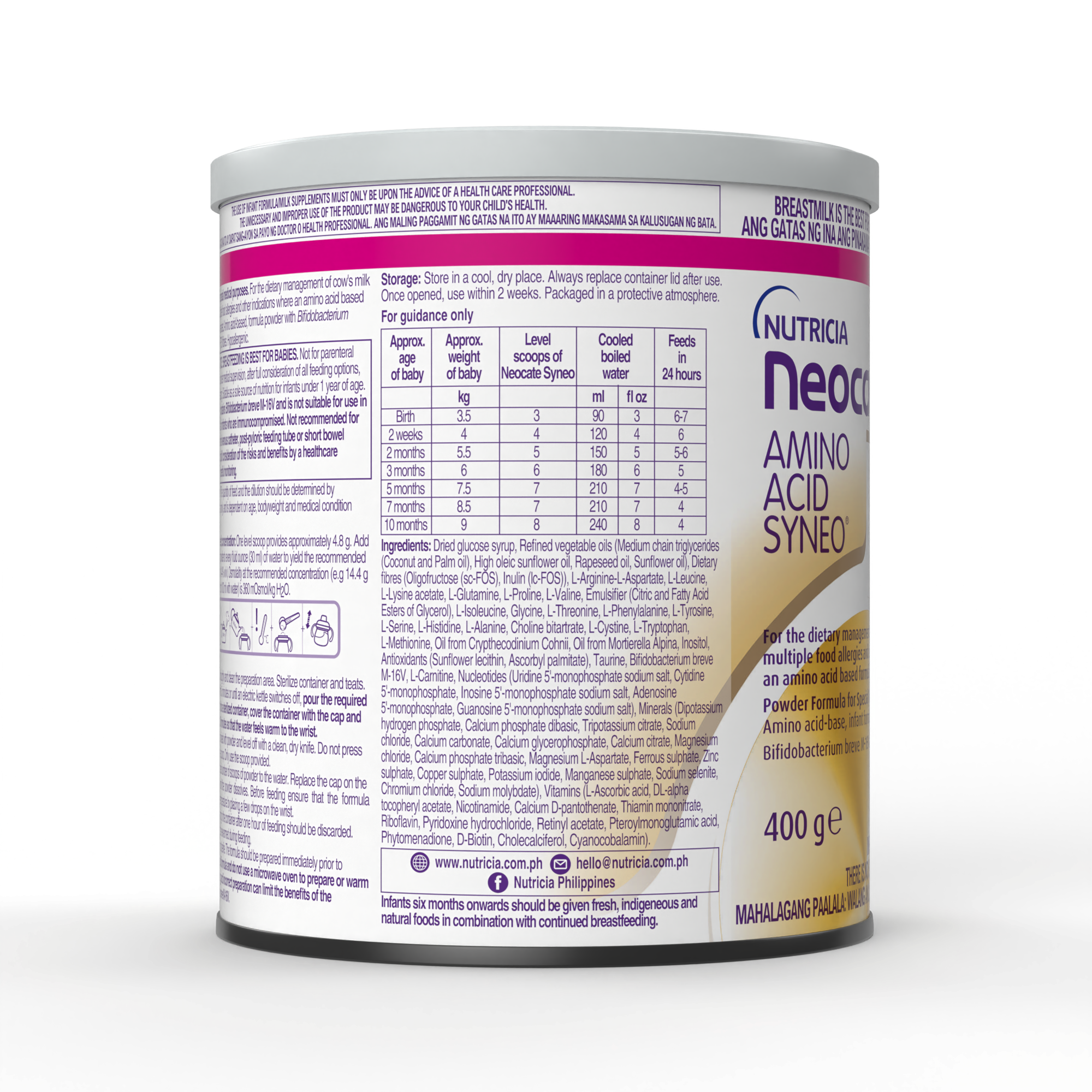Side view of Neocate Amino Acid Syneo Amino Acid-Based Formula powder for infants up to 12 months in a 400 gram tin with ingredients