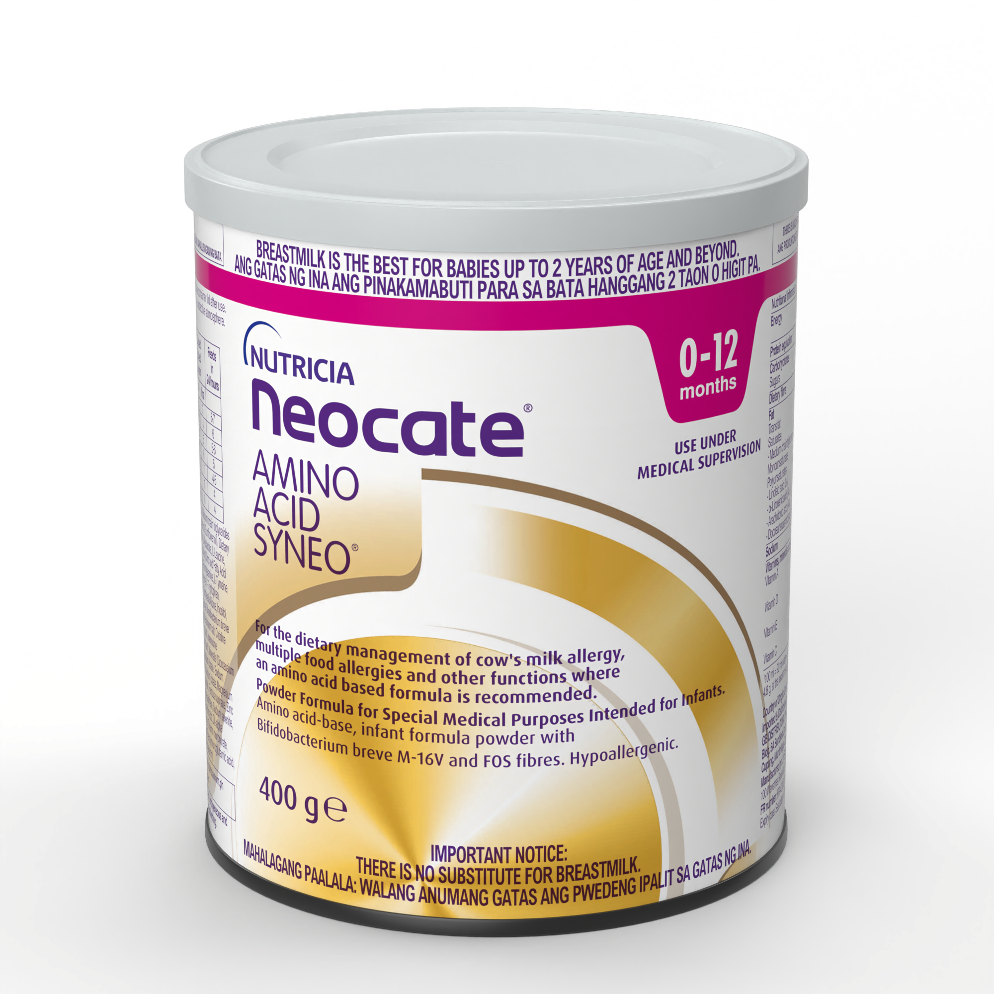 Neocate Amino Acid Syneo Amino Acid-Based Formula powder for infants up to 12 months in a 400 gram tin