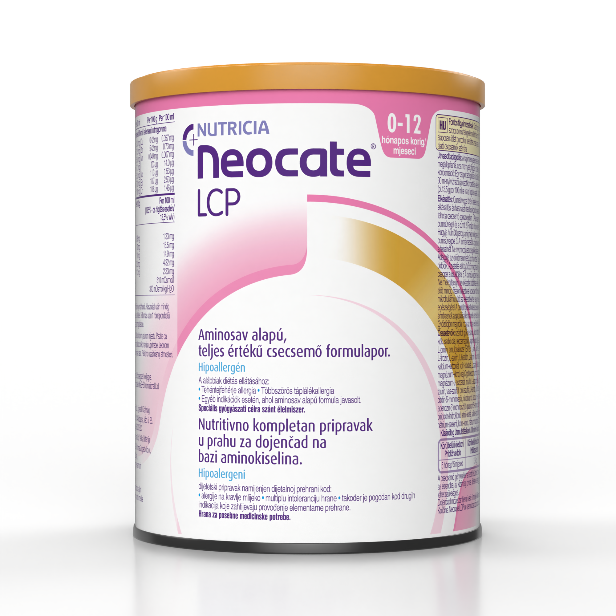 Neocate LCP – prašek brez beljakovin kravjega mleka, obogaten z L-aminokislinami, dolgoverižnimi večkrat nenasičenimi maščobnimi kislinami (DHA, ARA) in nukleotidi, v pločevinki 400 g, namenjen prehranskem uravnavanju alergij na kravje mleko, večkratnih prehranskih alergij in drugih stanj, kjer je priporočena elementarna prehrana pri dojenčkih od rojstva do 12. meseca starosti.