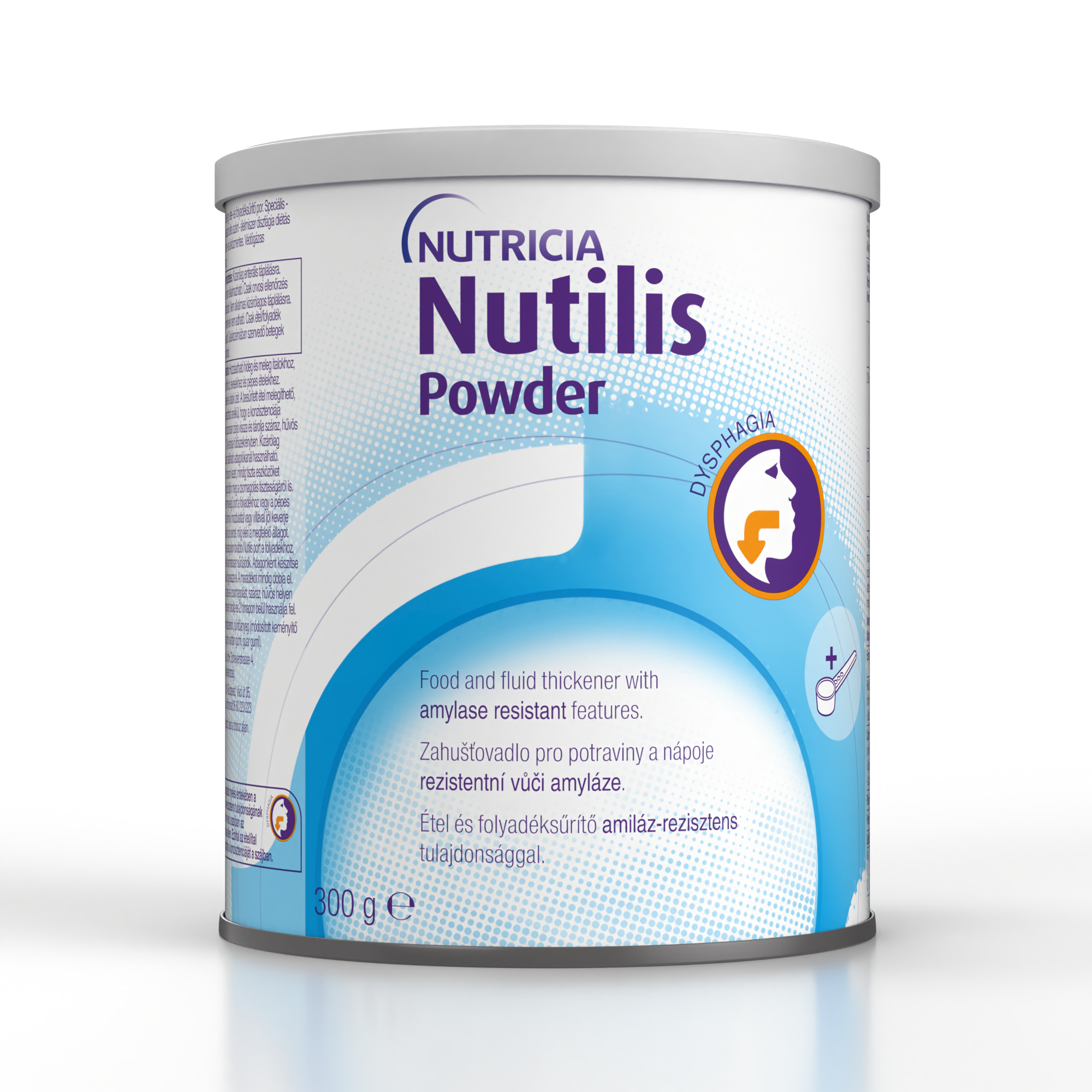Nutilis v prahu– prašek za zgoščevanje hrane in pijače, odporen na amilazo, brez glutena in laktoze, v pločevinki 300g, namenjen prehranskemu uravnavanju disfagije pri odraslih.