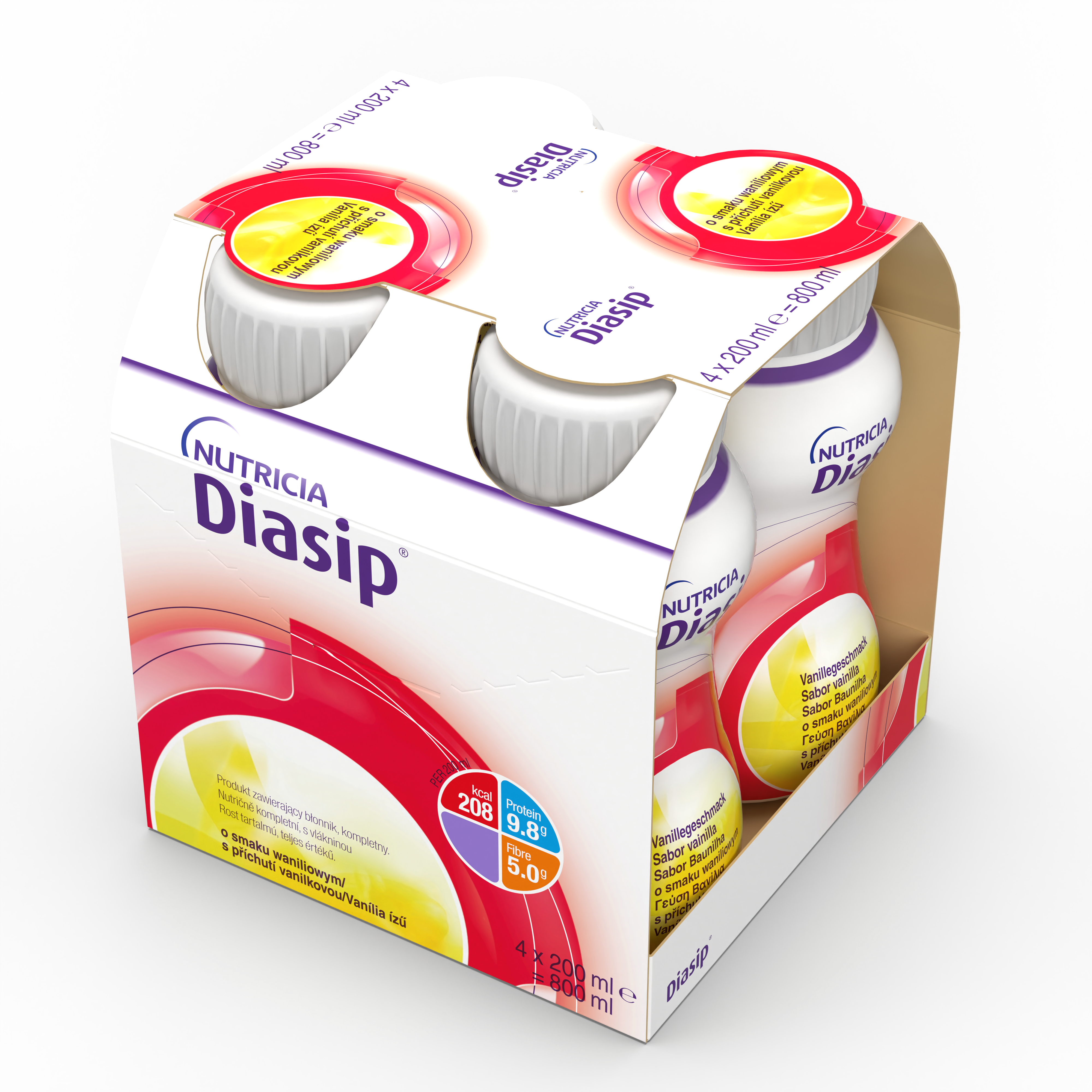 Pakiranje štirih 200 ml stekleničk Nutricia Diasip z okusom vanilije – prehransko dopolnilo z nizkim glikemičnim indeksom, obogateno z vlakninami, beljakovinami ter 28 vitamini in minerali, namenjeno prehranski podpori pri sladkorni bolezni in hiperglikemiji.