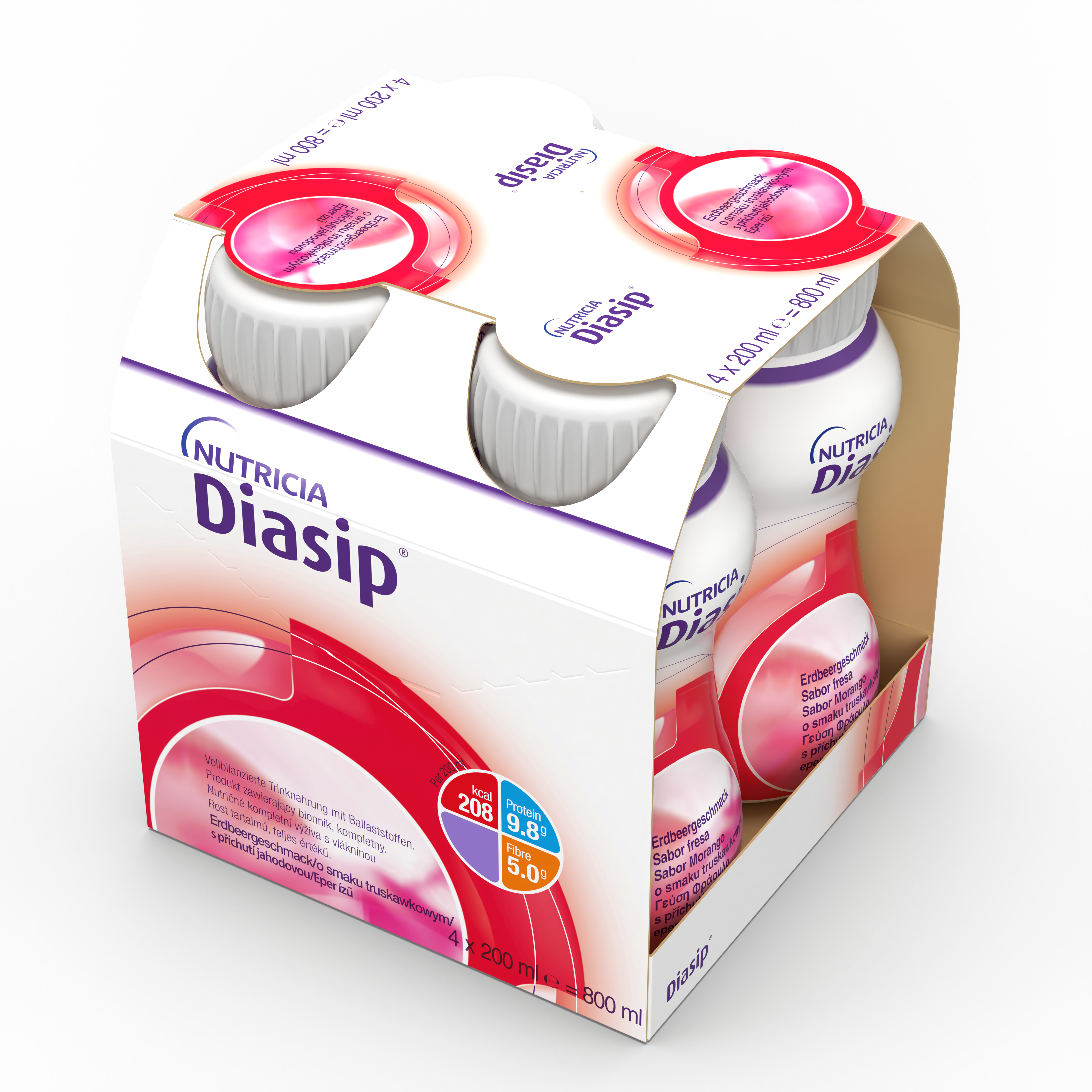 Pakiranje štirih 200 ml stekleničk Nutricia Diasip z rdečim dizajnom – prehransko dopolnilo z nizkim glikemičnim indeksom za prehransko podporo pri sladkorni bolezni in hiperglikemiji, obogateno z vlakninami, beljakovinami ter 28 vitamini in minerali.