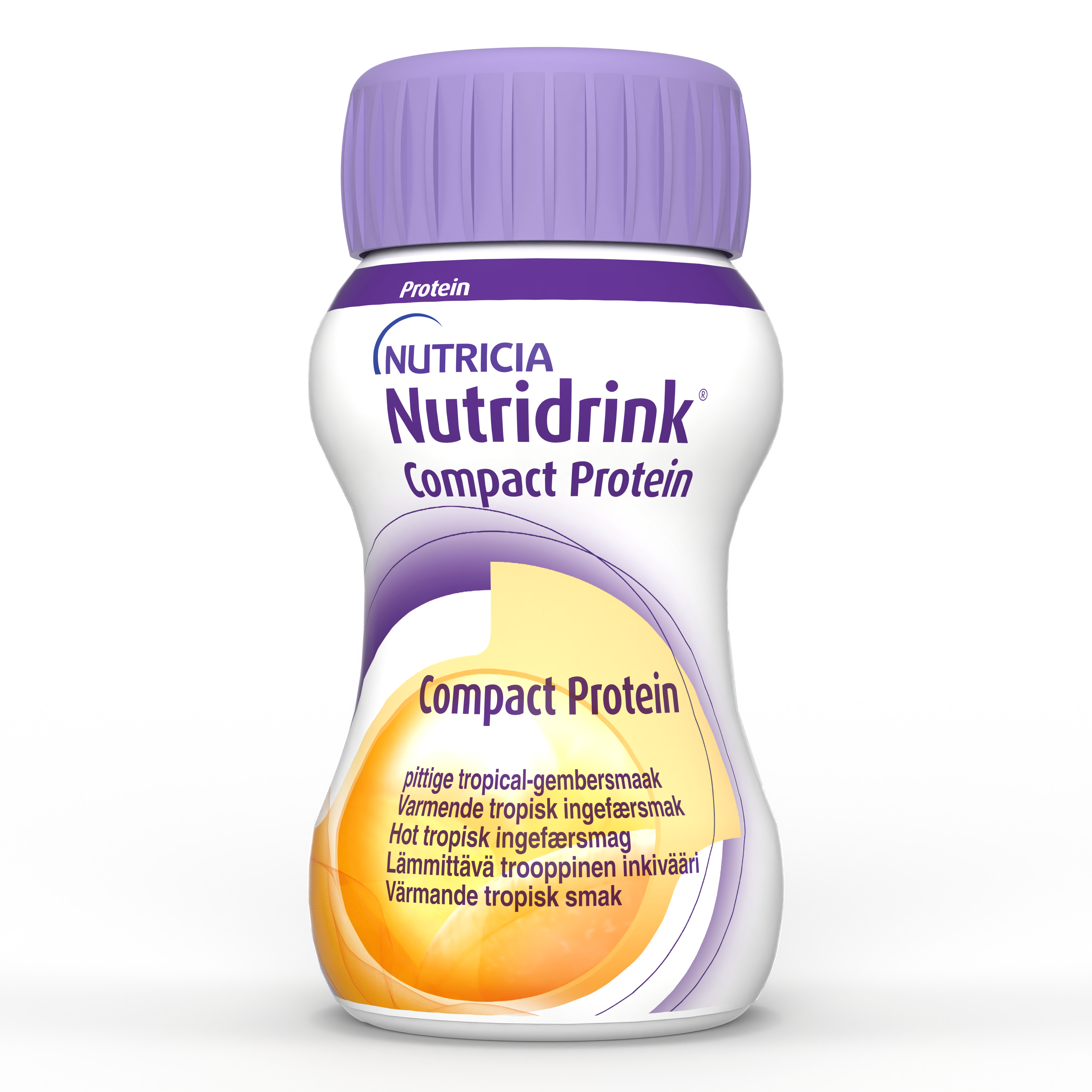 Nutricia Nutridrink Compact Protein – visokokaloričen (2,4 kcal/ml), visokobeljakovinski (18 g beljakovin/125 ml) mlečni napitek, v plastičnih 125 ml plastenkah (okus tropski ingver), živilo za posebne zdravstvene namene za prehransko uravnavanje bolezensko pogojene podhranjenosti. 